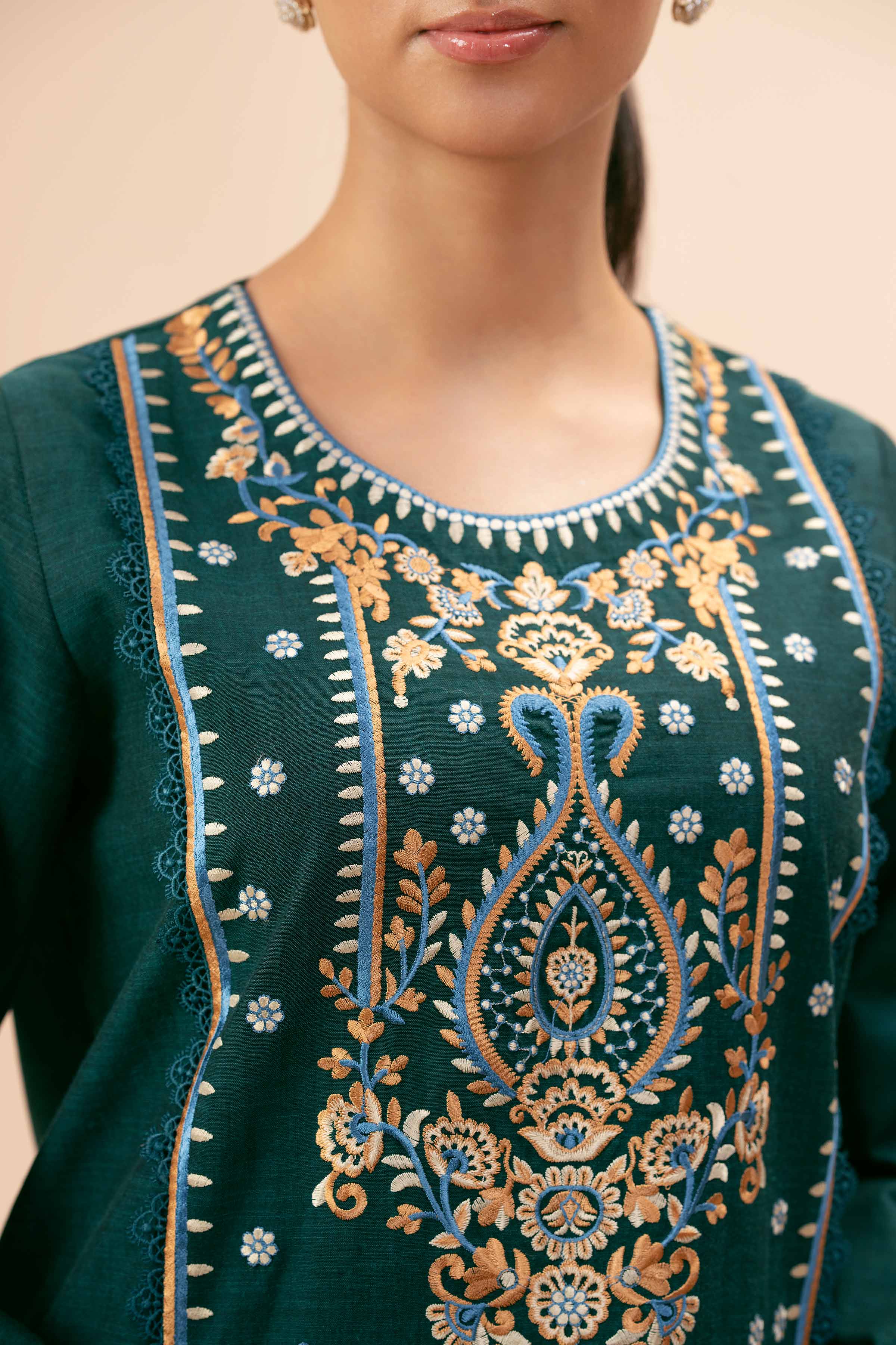 NishatUK - Teal Embroidered Yarn Dyed 3-piece unstitched Suit