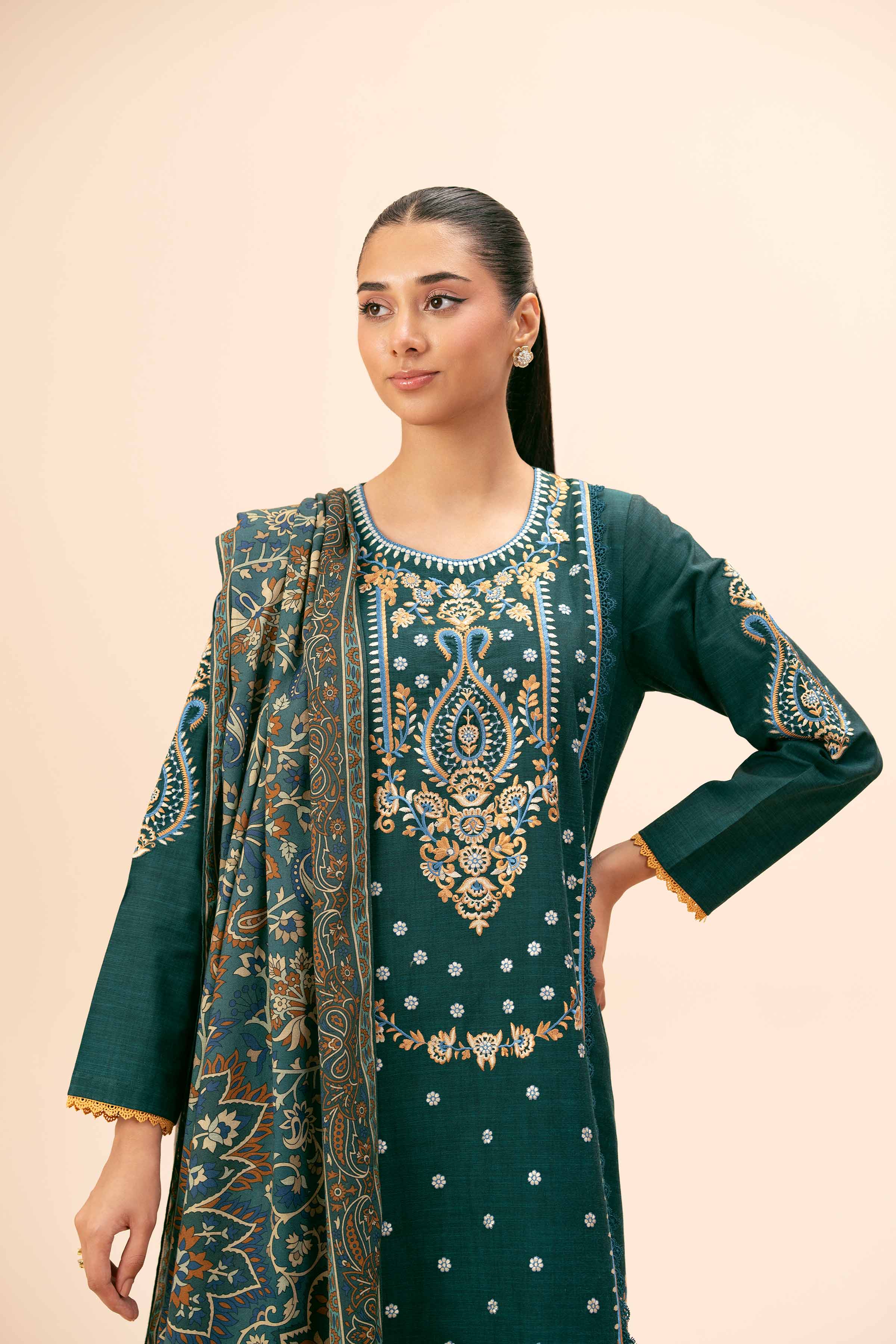 NishatUK - Teal Embroidered Yarn Dyed 3-piece unstitched Suit