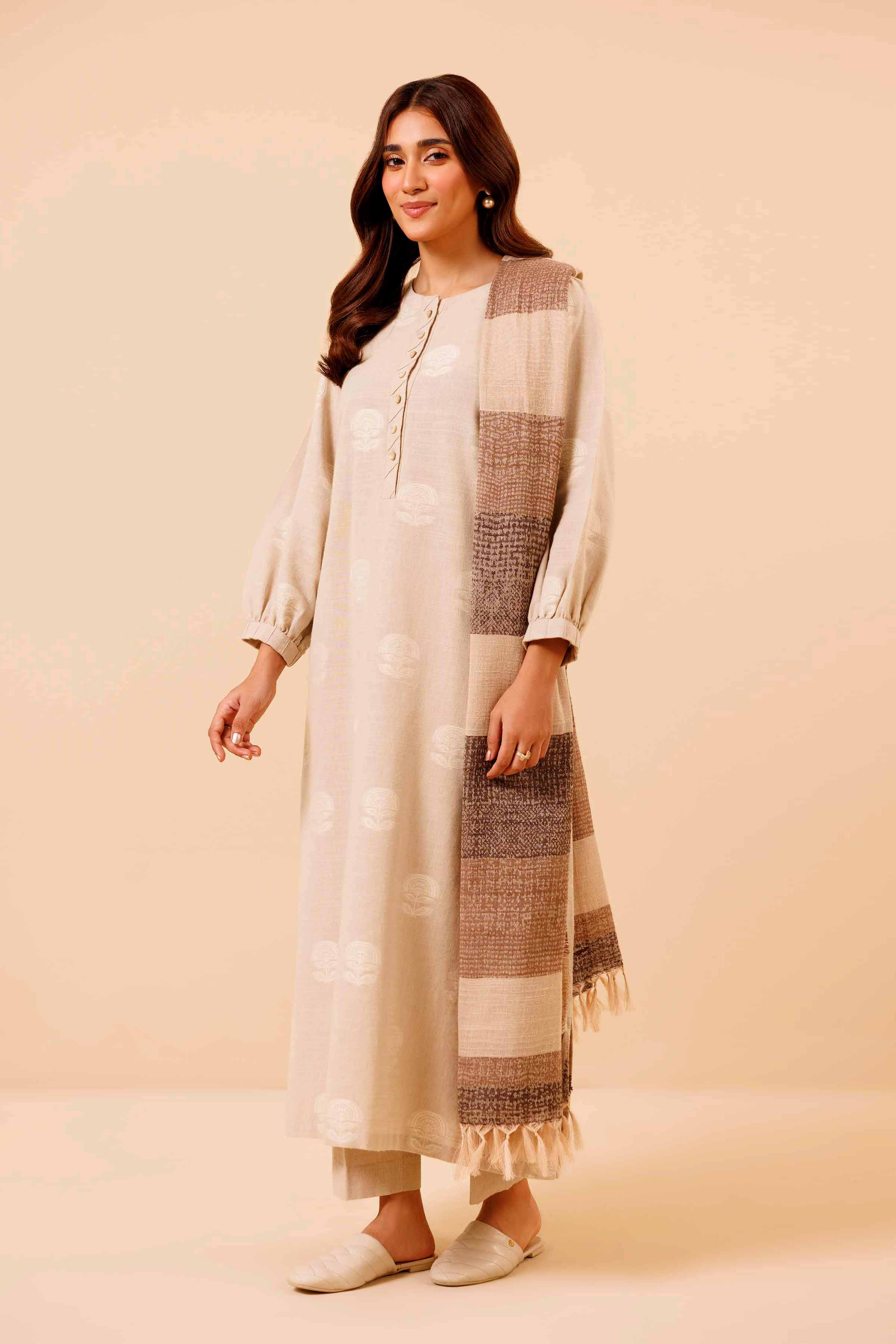 NishatUK - Beige Solids Handloom 3-piece unstitched Suit