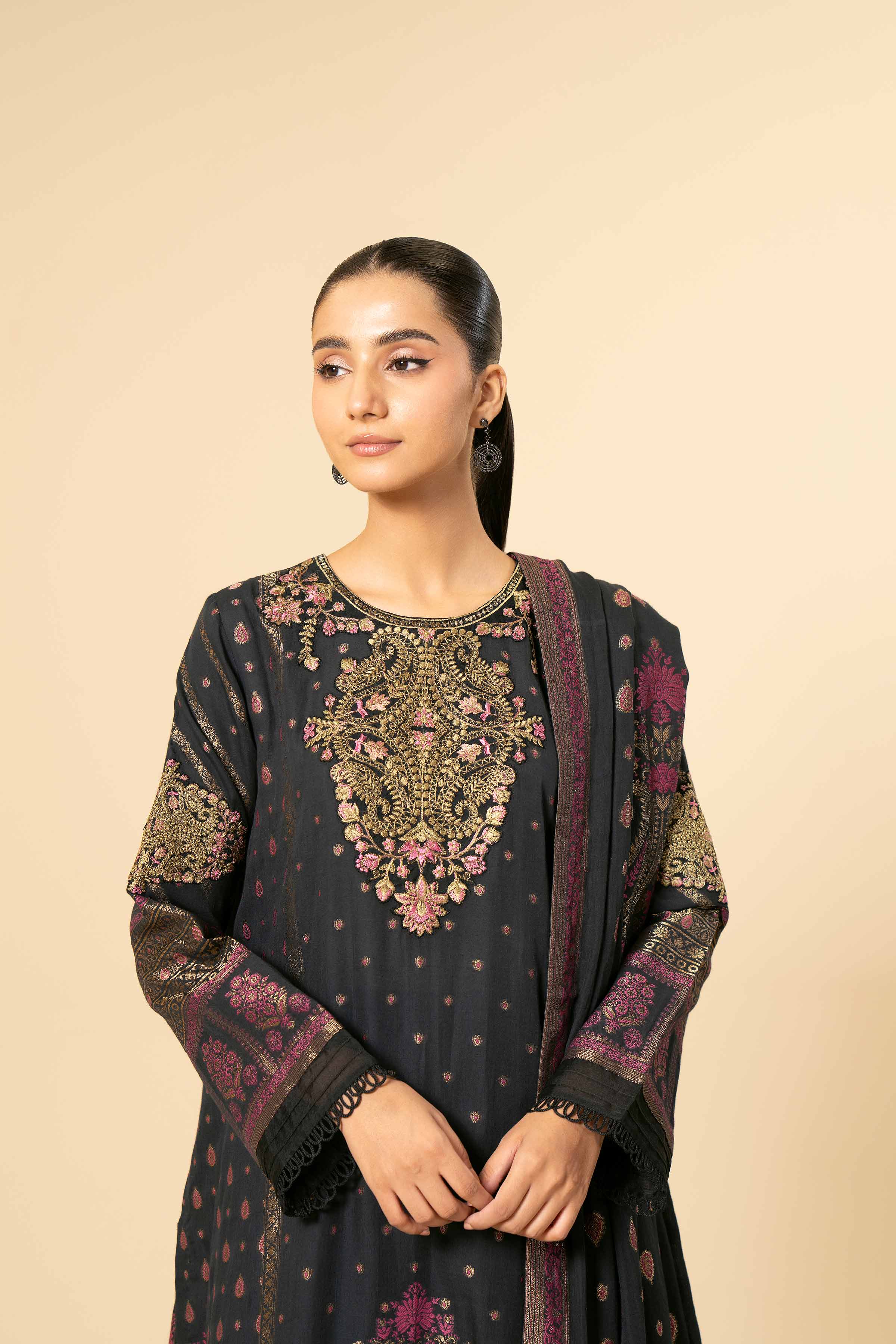 NishatUK - Black Embroidered Jacquard 3-piece unstitched Suit