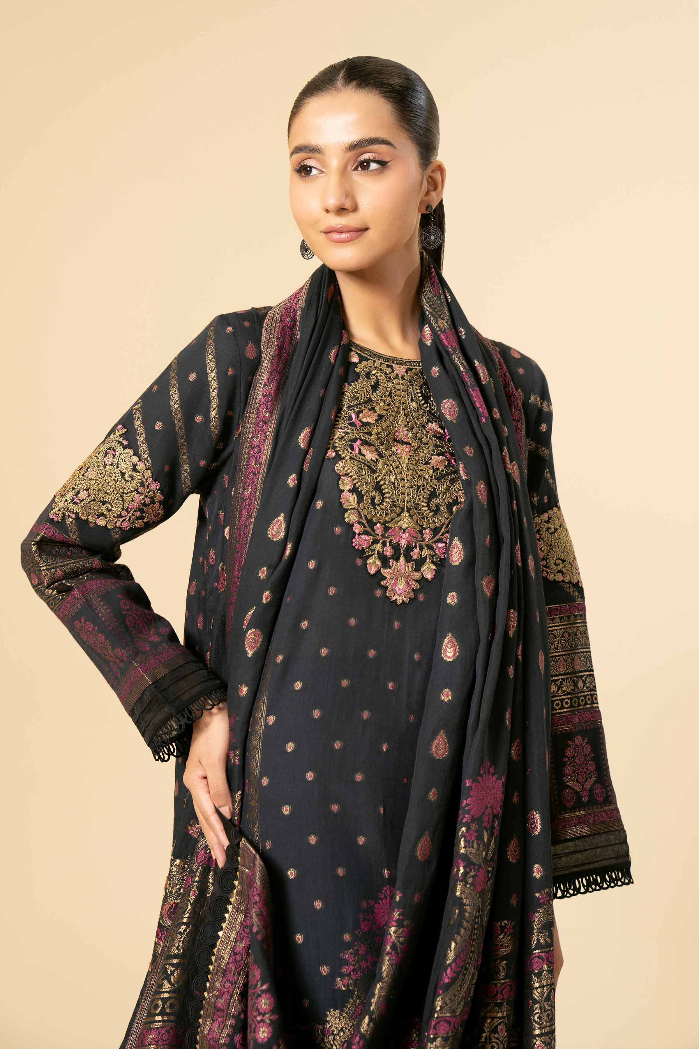 NishatUK - Black Embroidered Jacquard 3-piece unstitched Suit