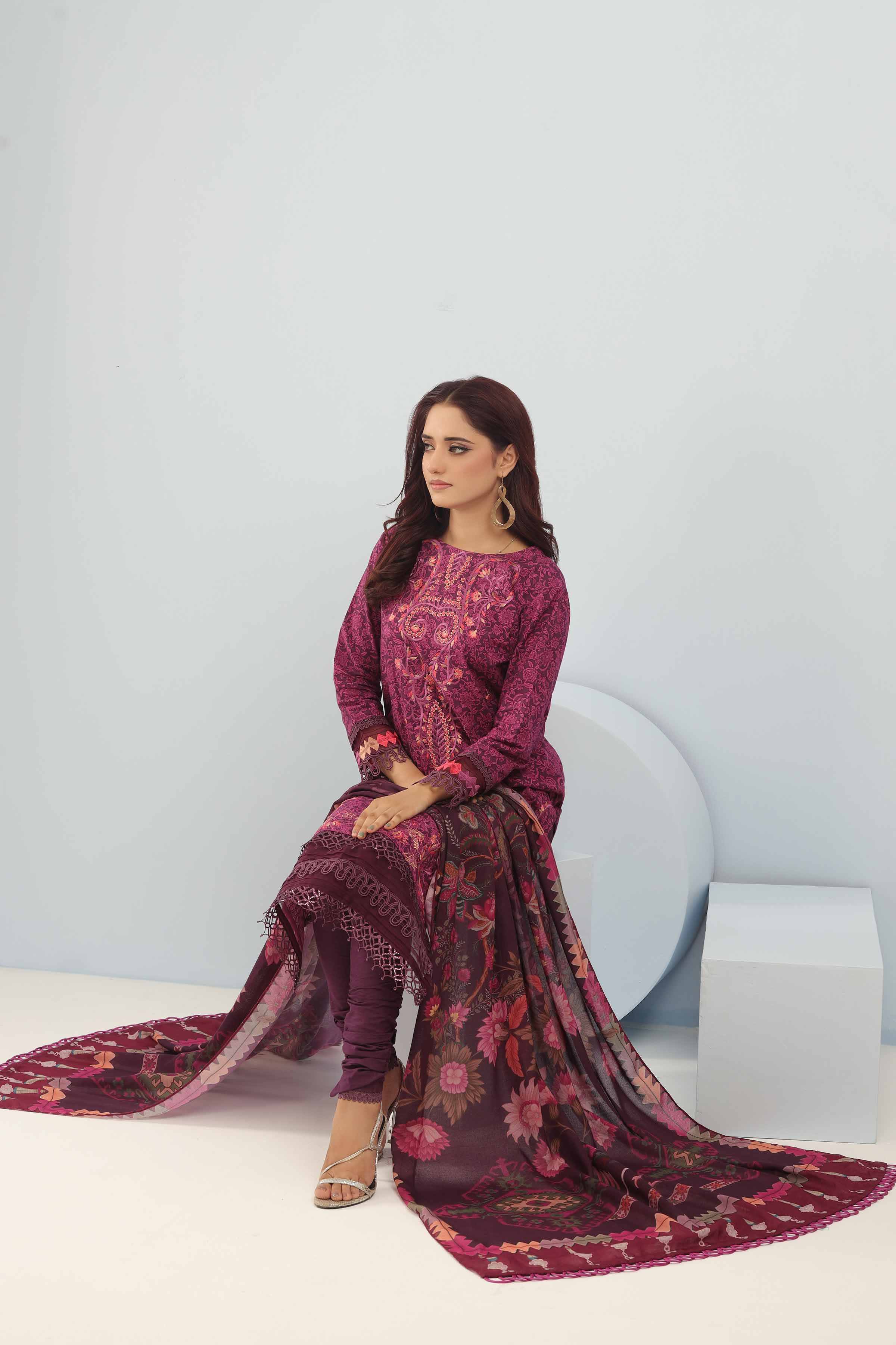 NishatUK - Magenta Embroidered Cotton 3-piece unstitched Suit