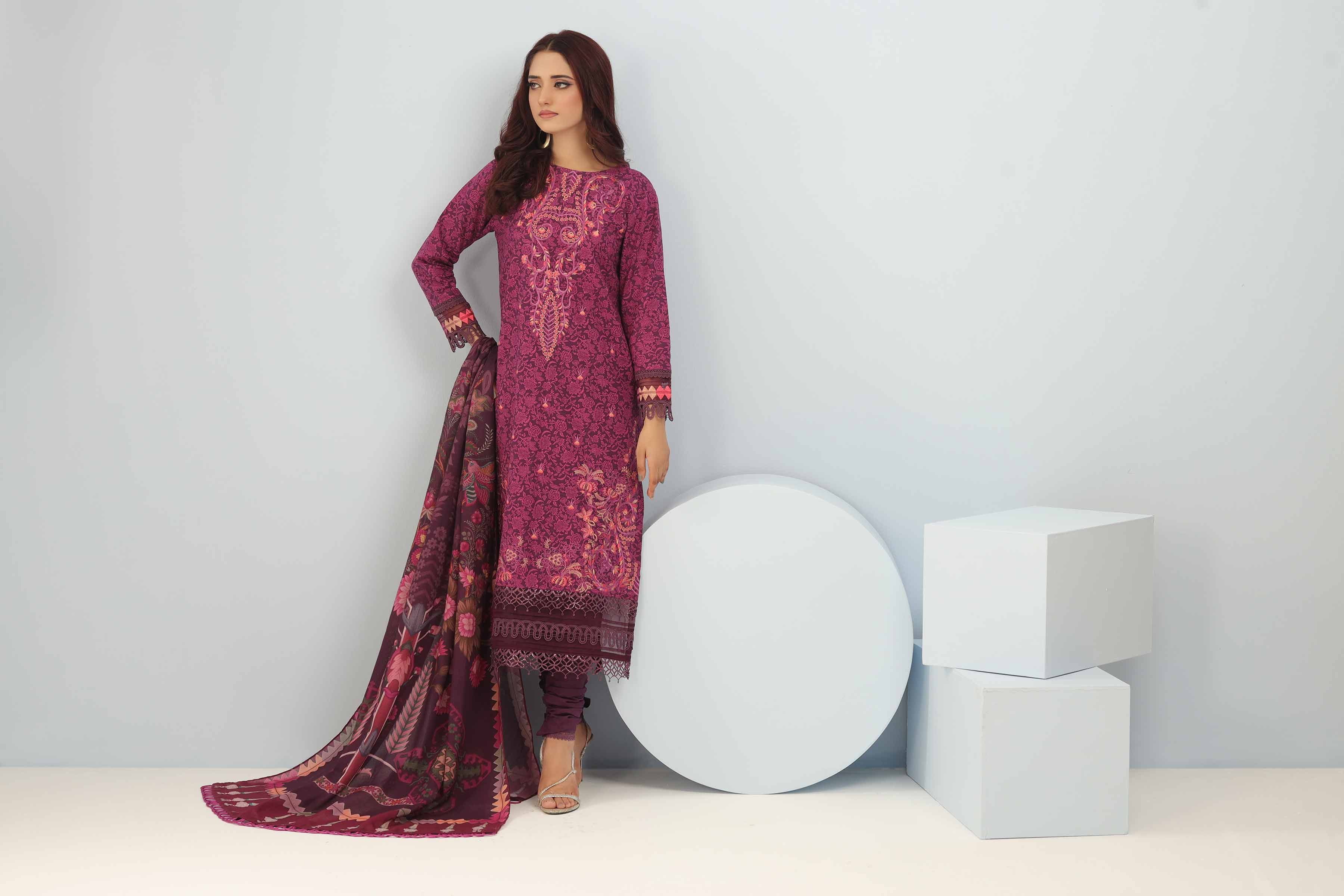 NishatUK - Magenta Embroidered Cotton 3-piece unstitched Suit