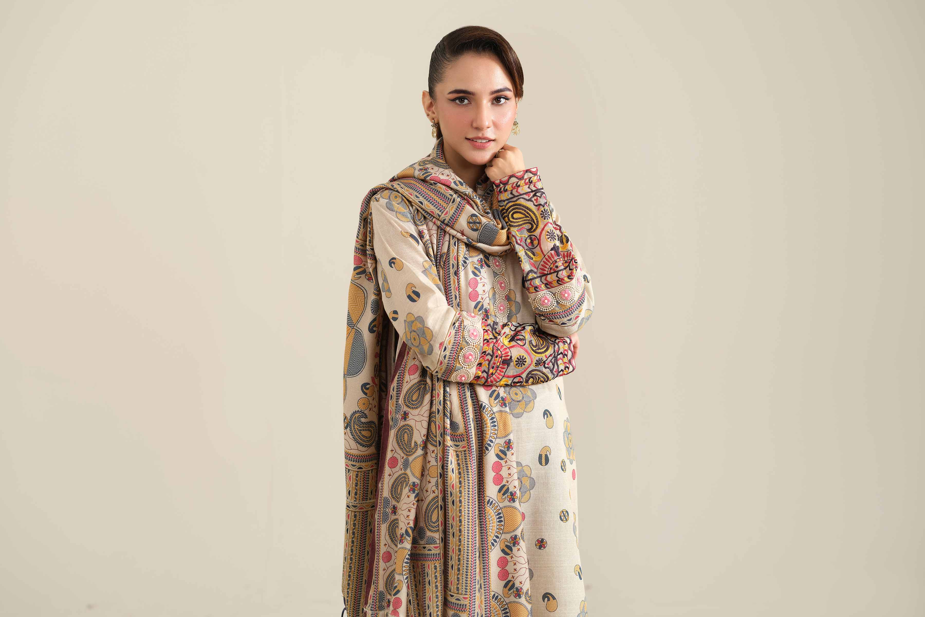 NishatUK - Beige Embroidered Khaddar 2-piece unstitched Dress
