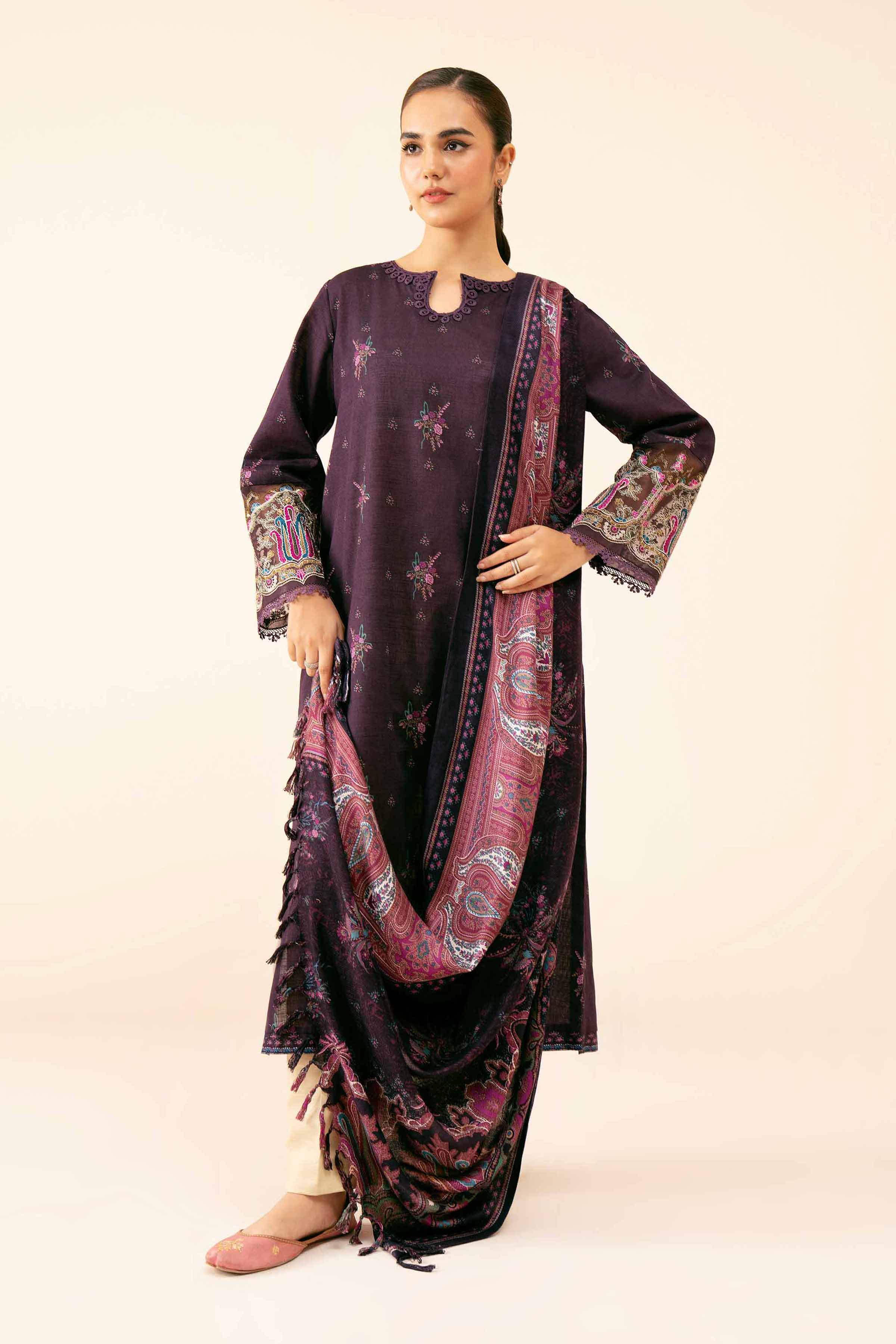 NishatUK - Plum Embroidered Khaddar 2-piece unstitched Dress