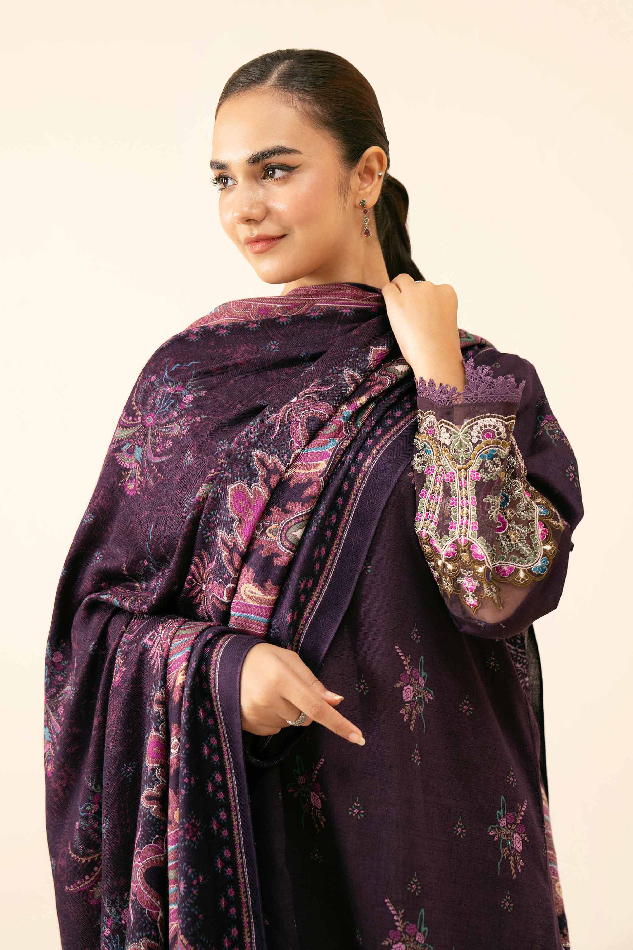 NishatUK - Plum Embroidered Khaddar 2-piece unstitched Dress
