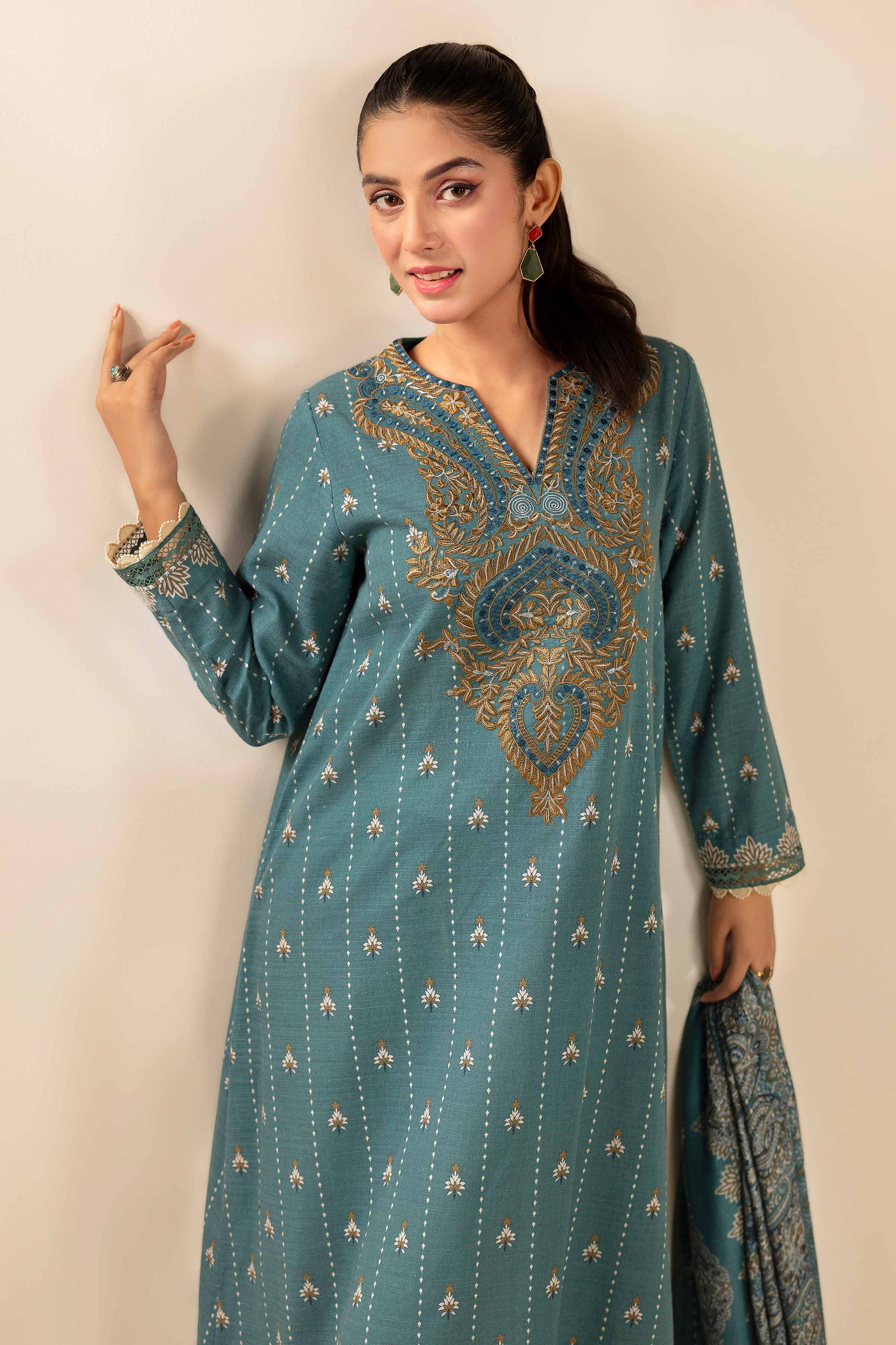 NishatUK - Teal Embroidered Khaddar 2-piece unstitched Dress