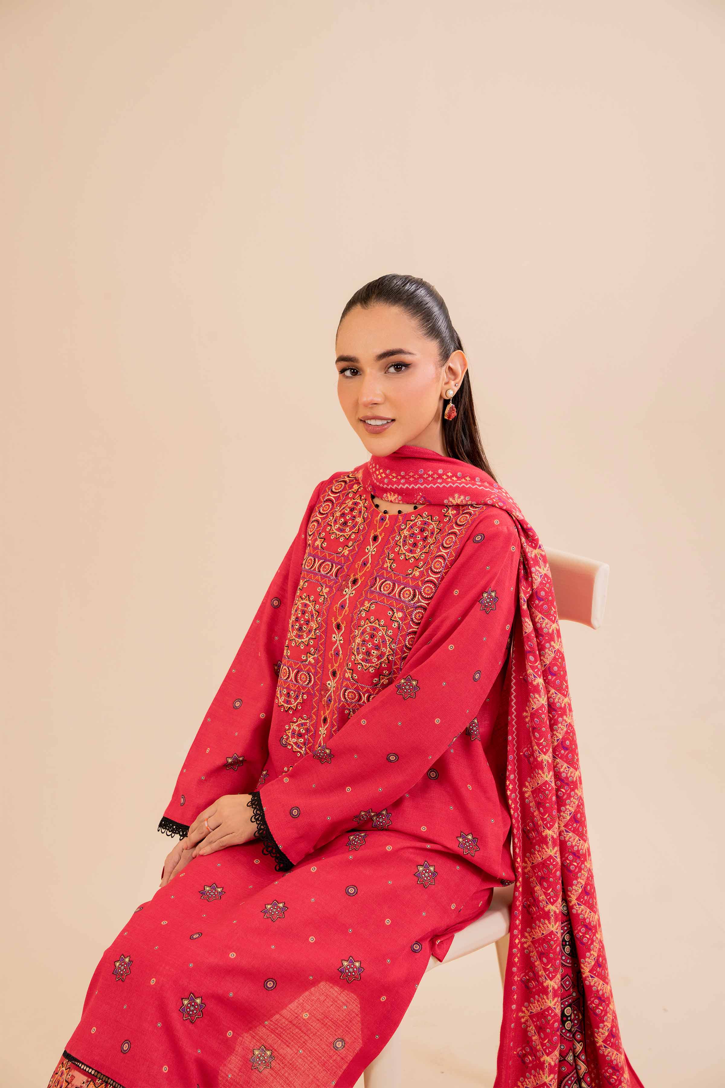 NishatUK - Red Embroidered Khaddar 2-piece unstitched Dress