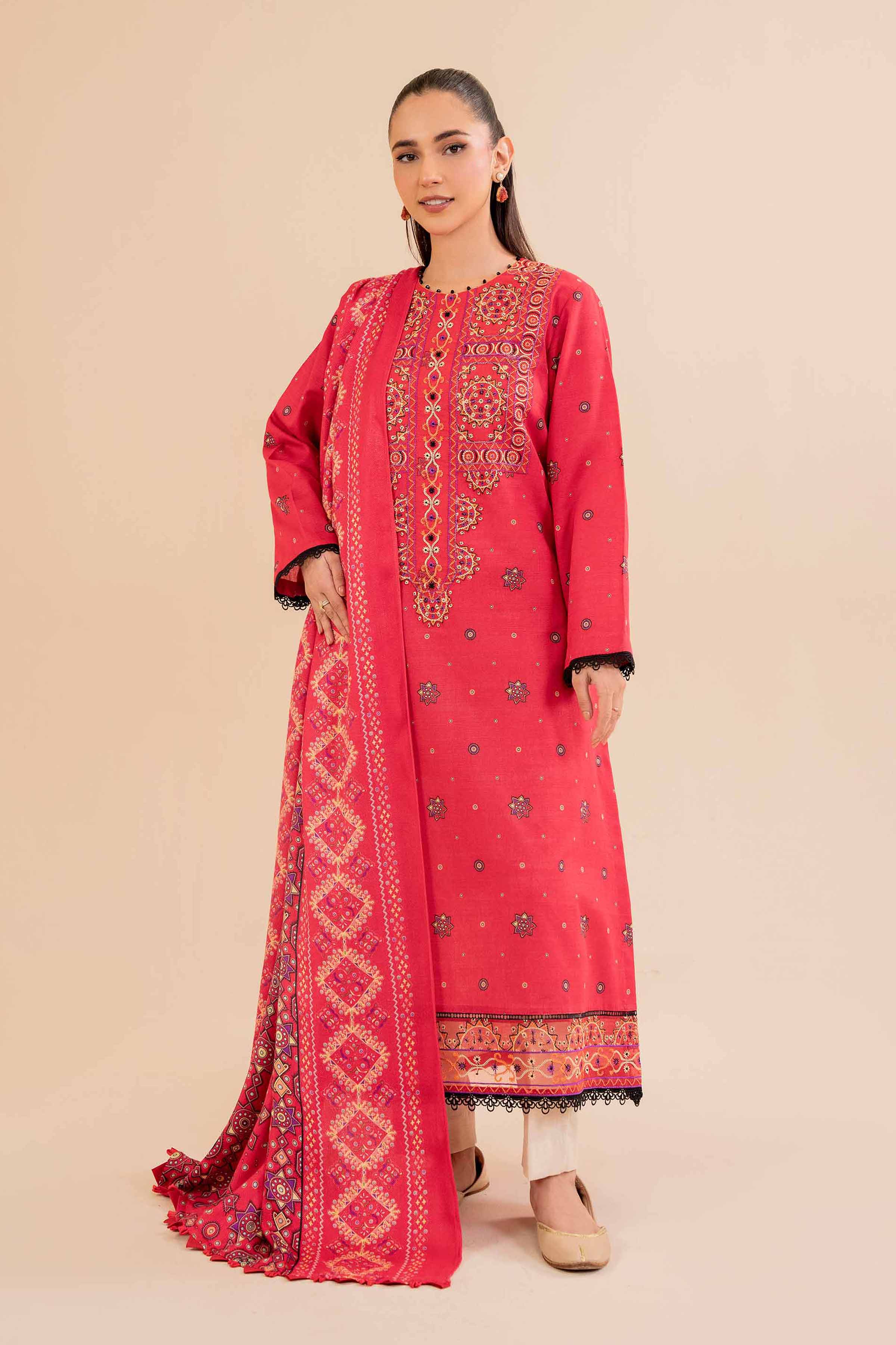 NishatUK - Red Embroidered Khaddar 2-piece unstitched Dress