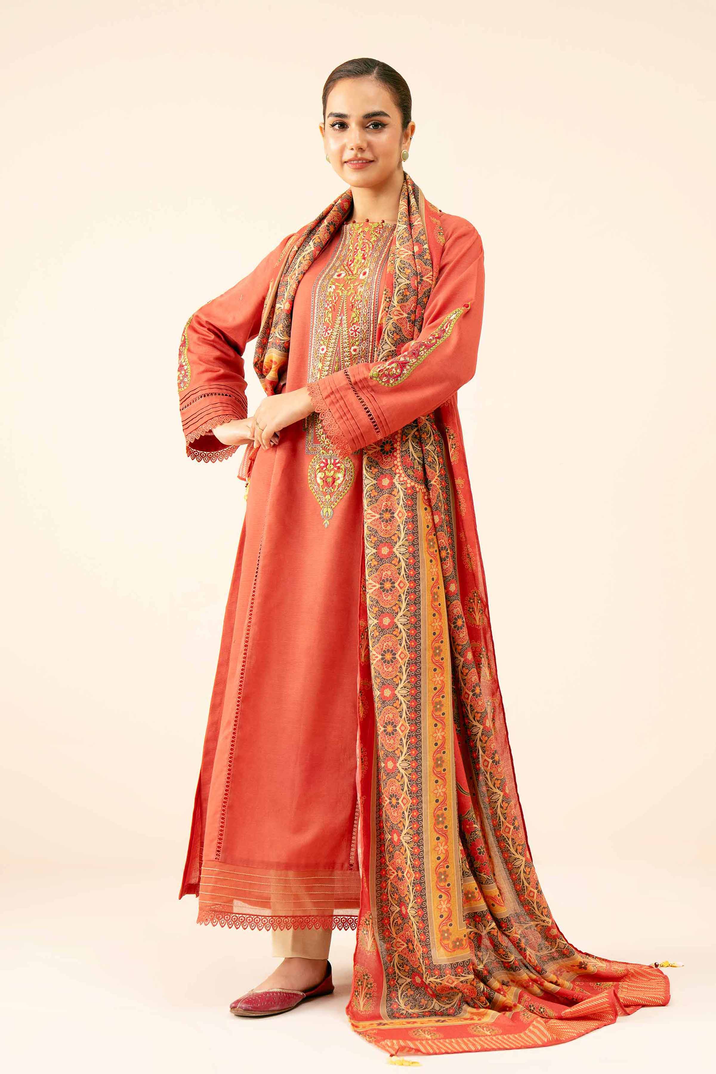 NishatUK - Brown Embroidered Khaddar 2-piece unstitched Dress