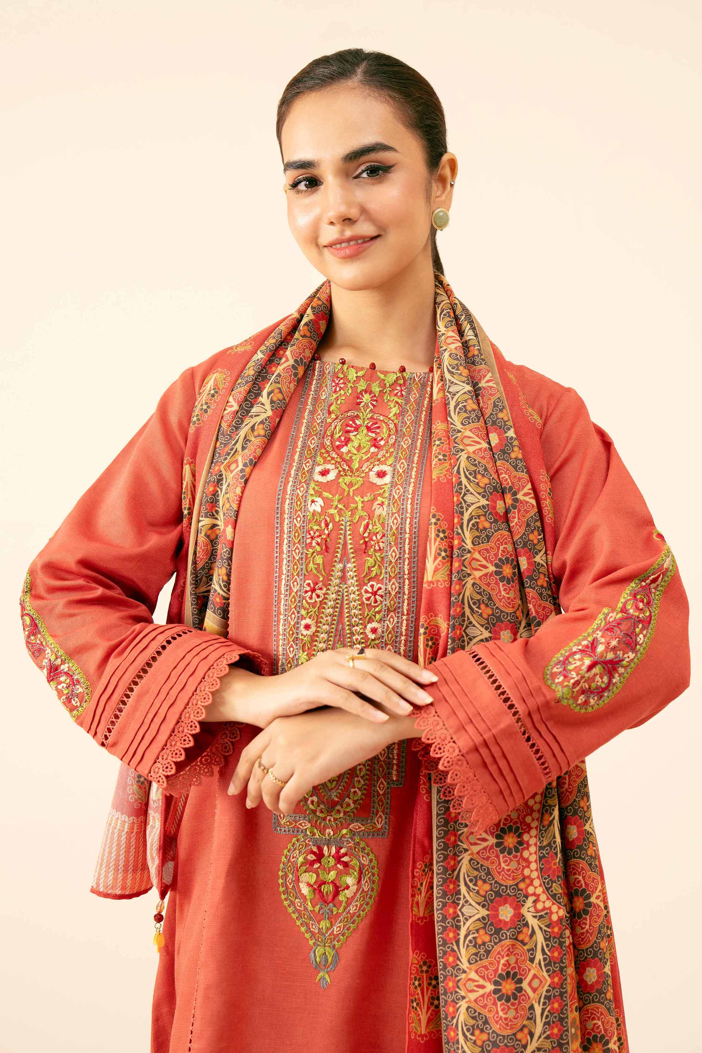 NishatUK - Brown Embroidered Khaddar 2-piece unstitched Dress