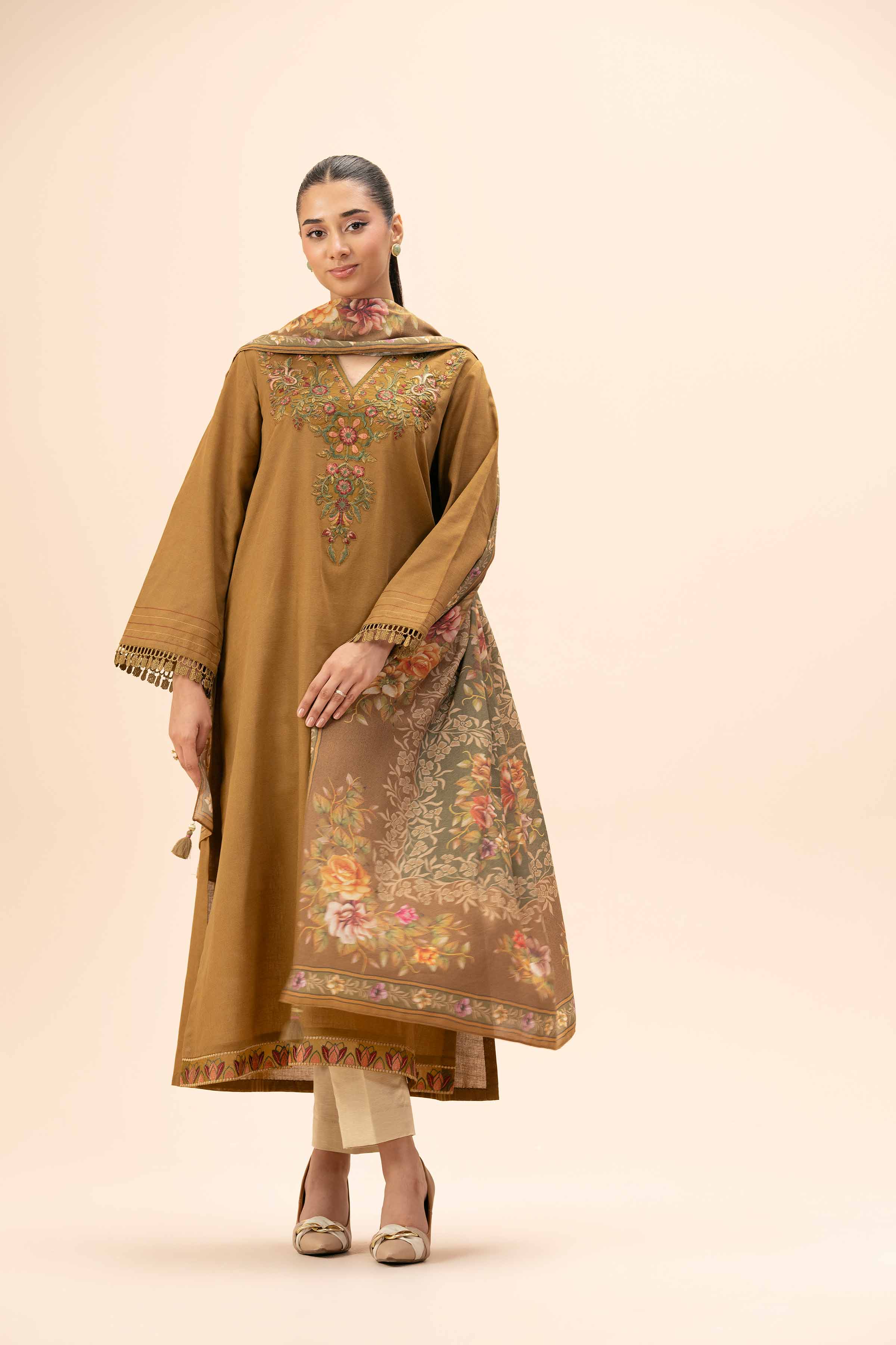 NishatUK - Brown Embroidered Khaddar 2-piece unstitched Dress