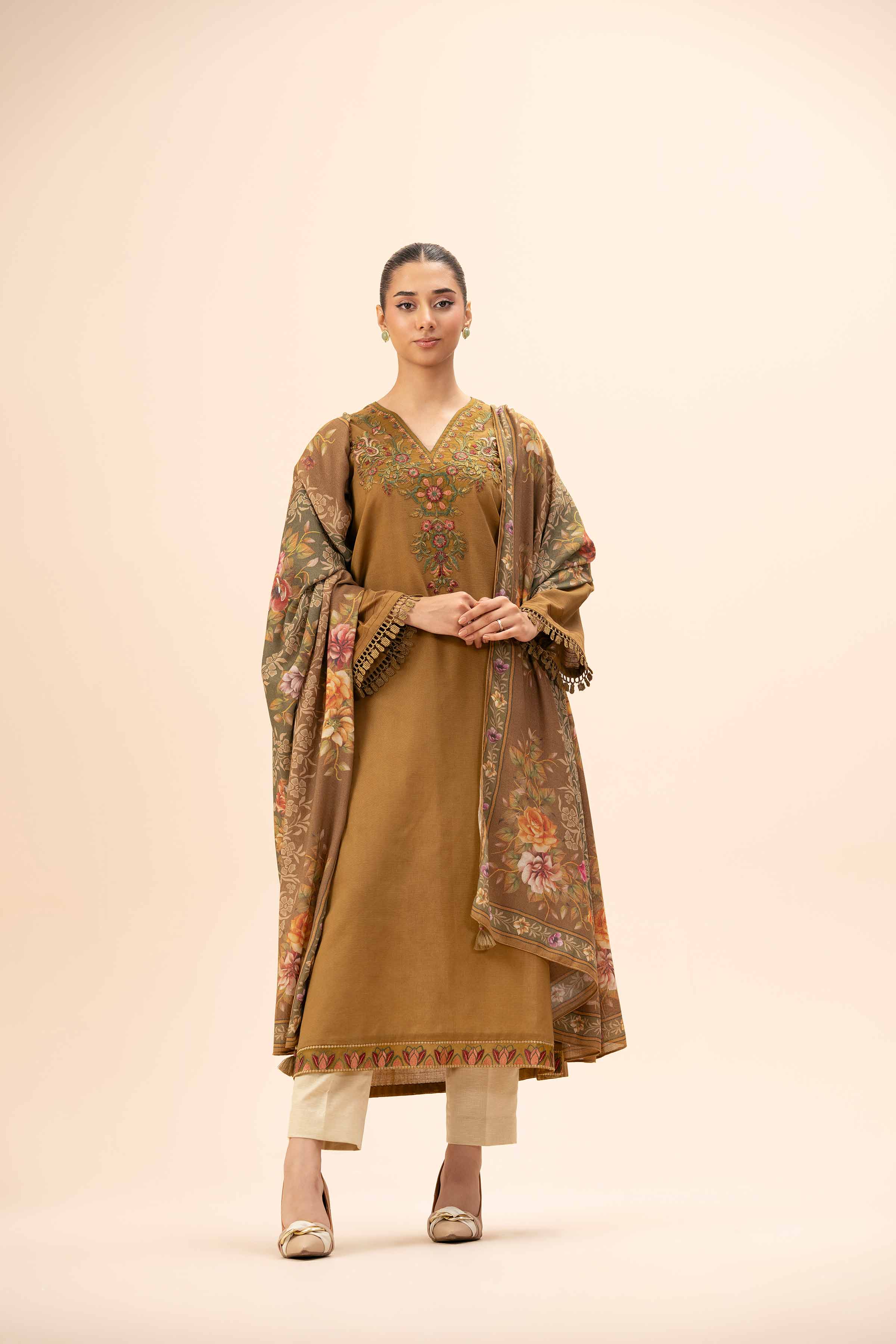 NishatUK - Brown Embroidered Khaddar 2-piece unstitched Dress