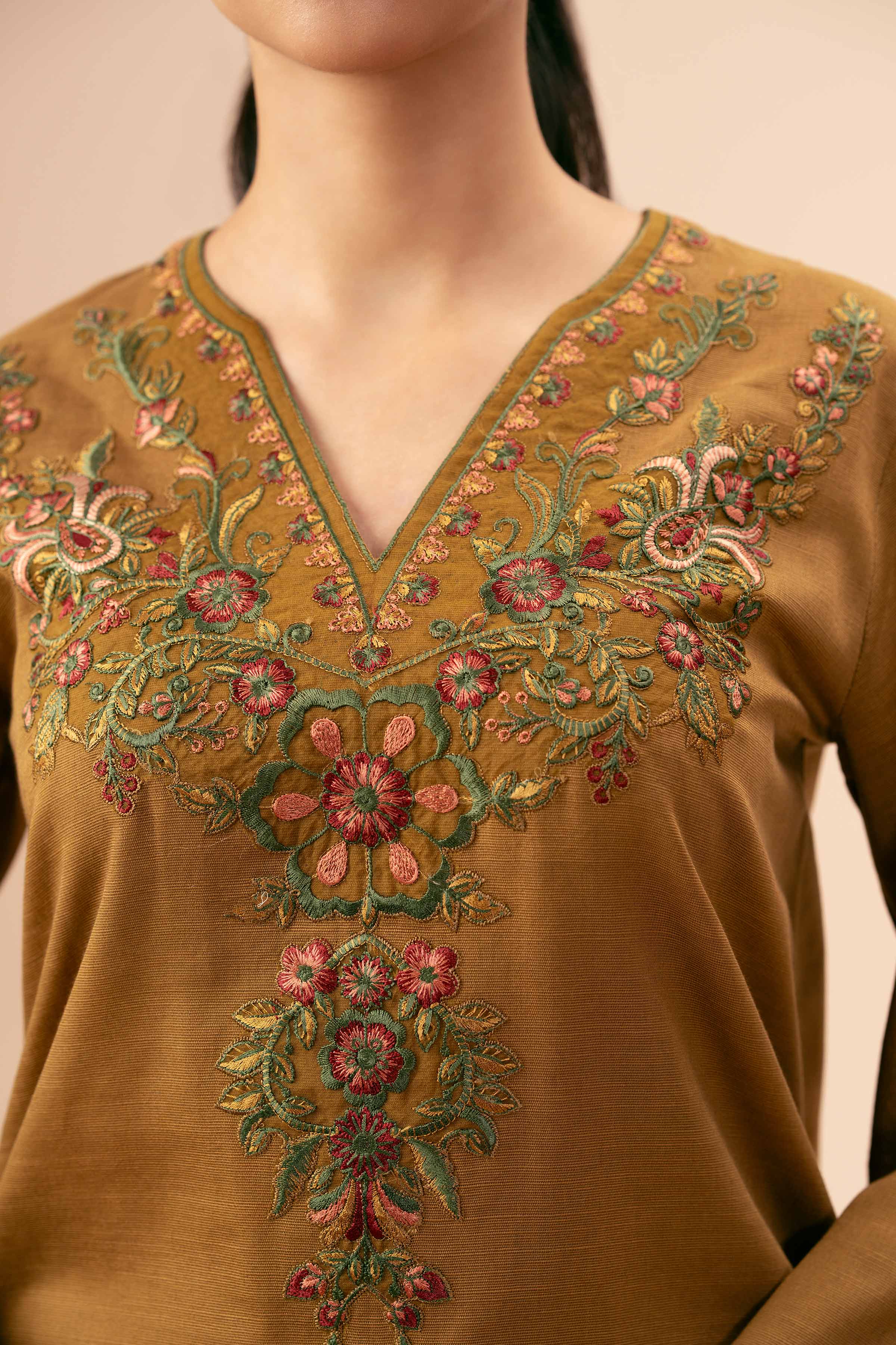 NishatUK - Brown Embroidered Khaddar 2-piece unstitched Dress