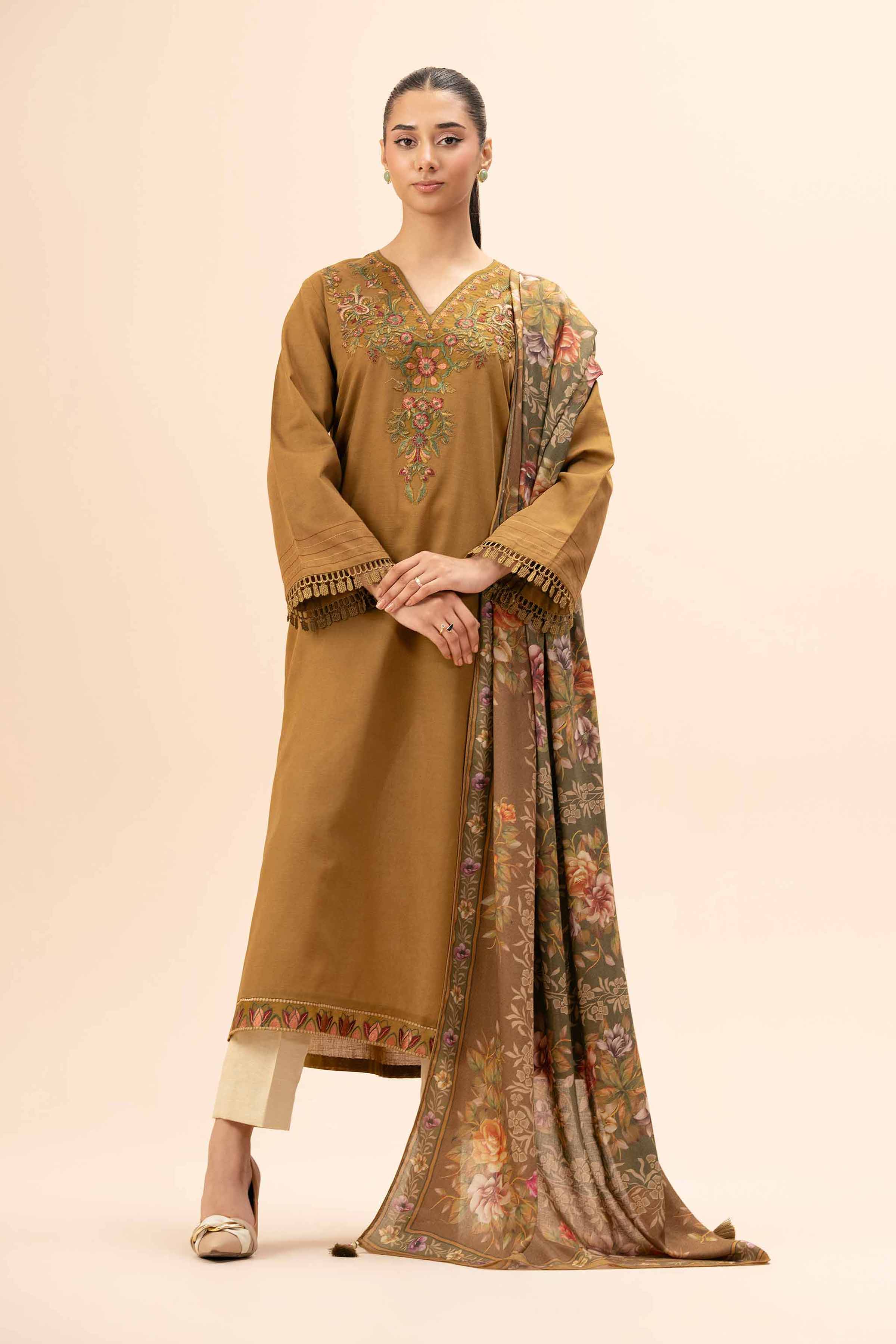 NishatUK - Brown Embroidered Khaddar 2-piece unstitched Dress