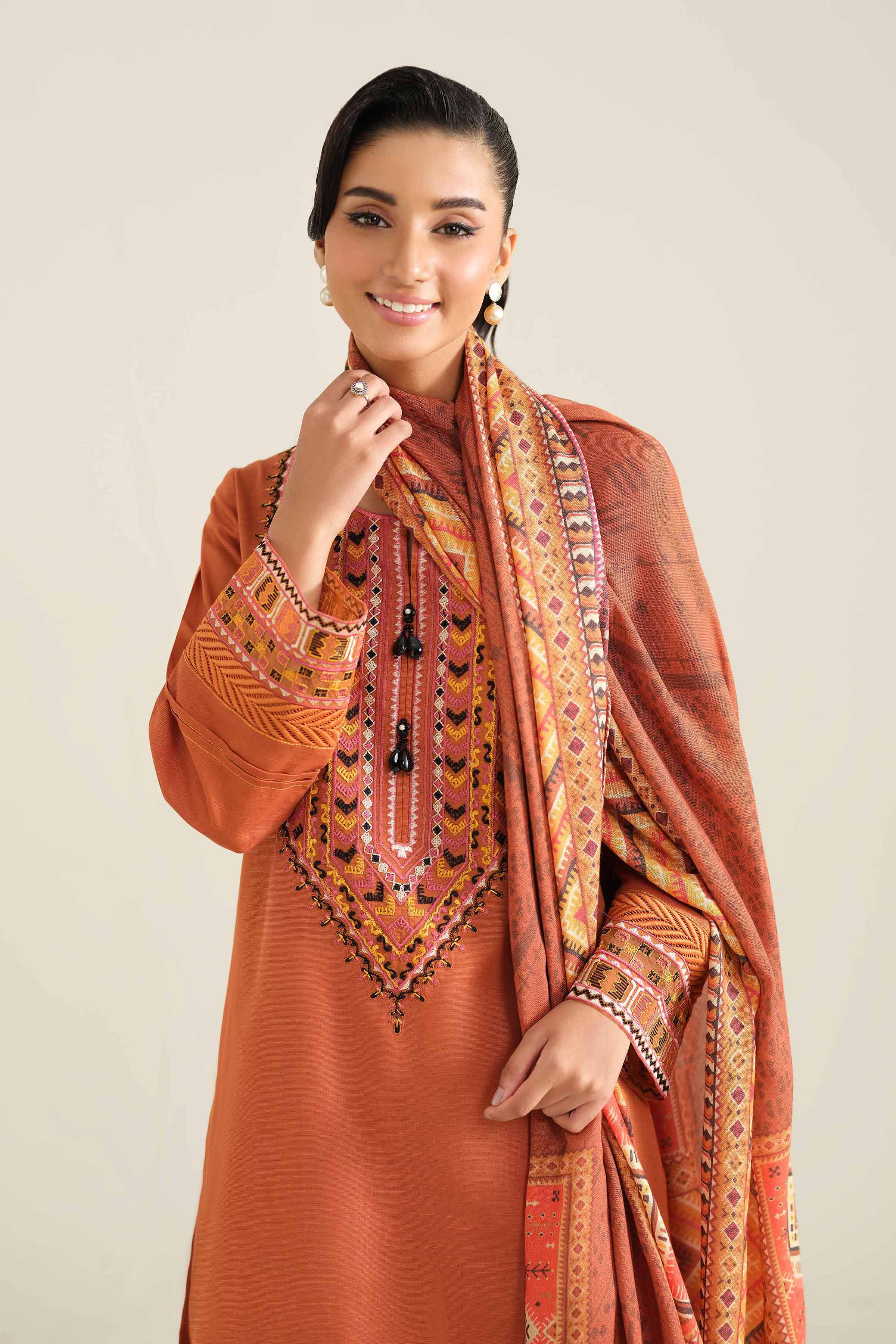 NishatUK - Brown Embroidered Khaddar 2-piece unstitched Dress