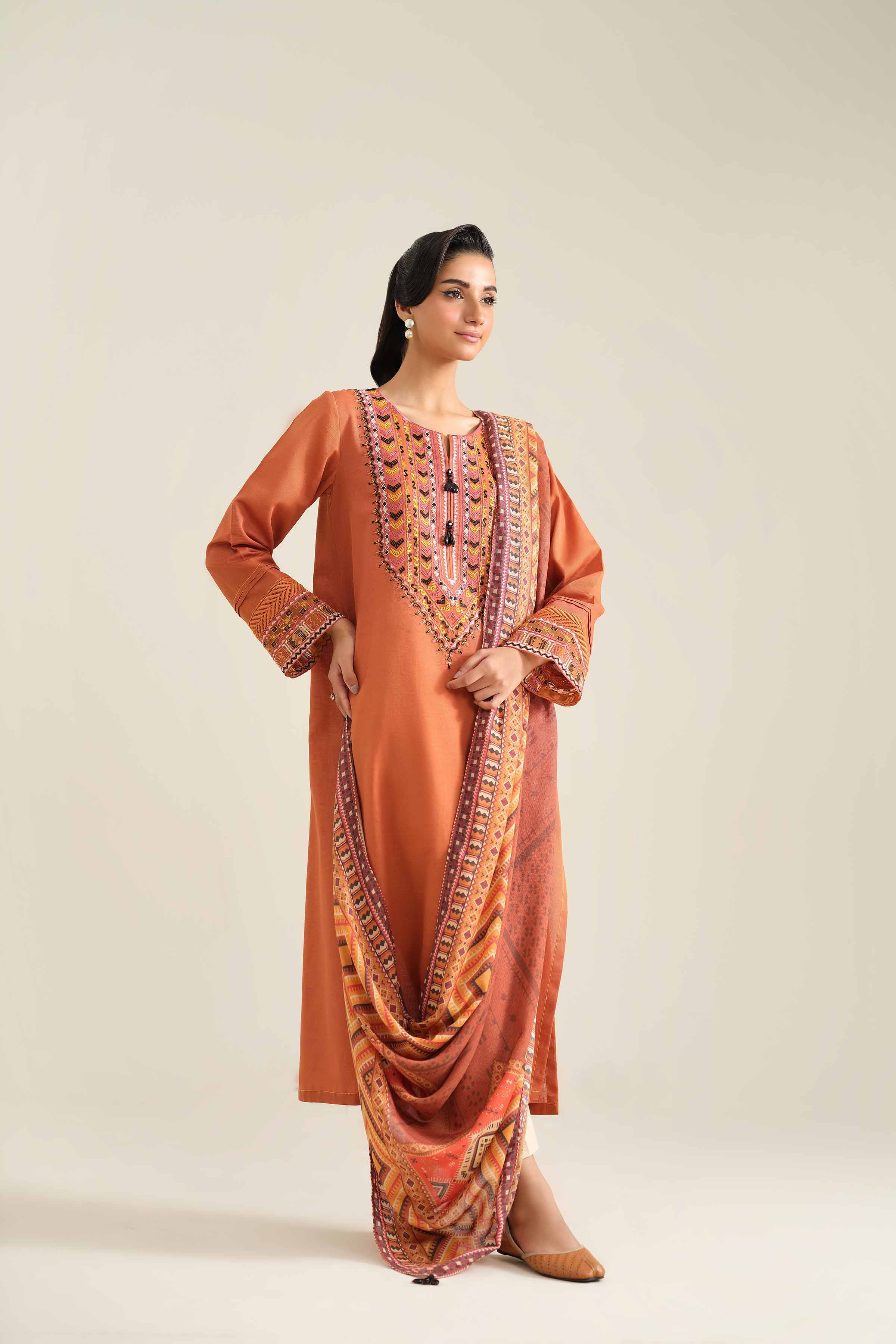 NishatUK - Brown Embroidered Khaddar 2-piece unstitched Dress