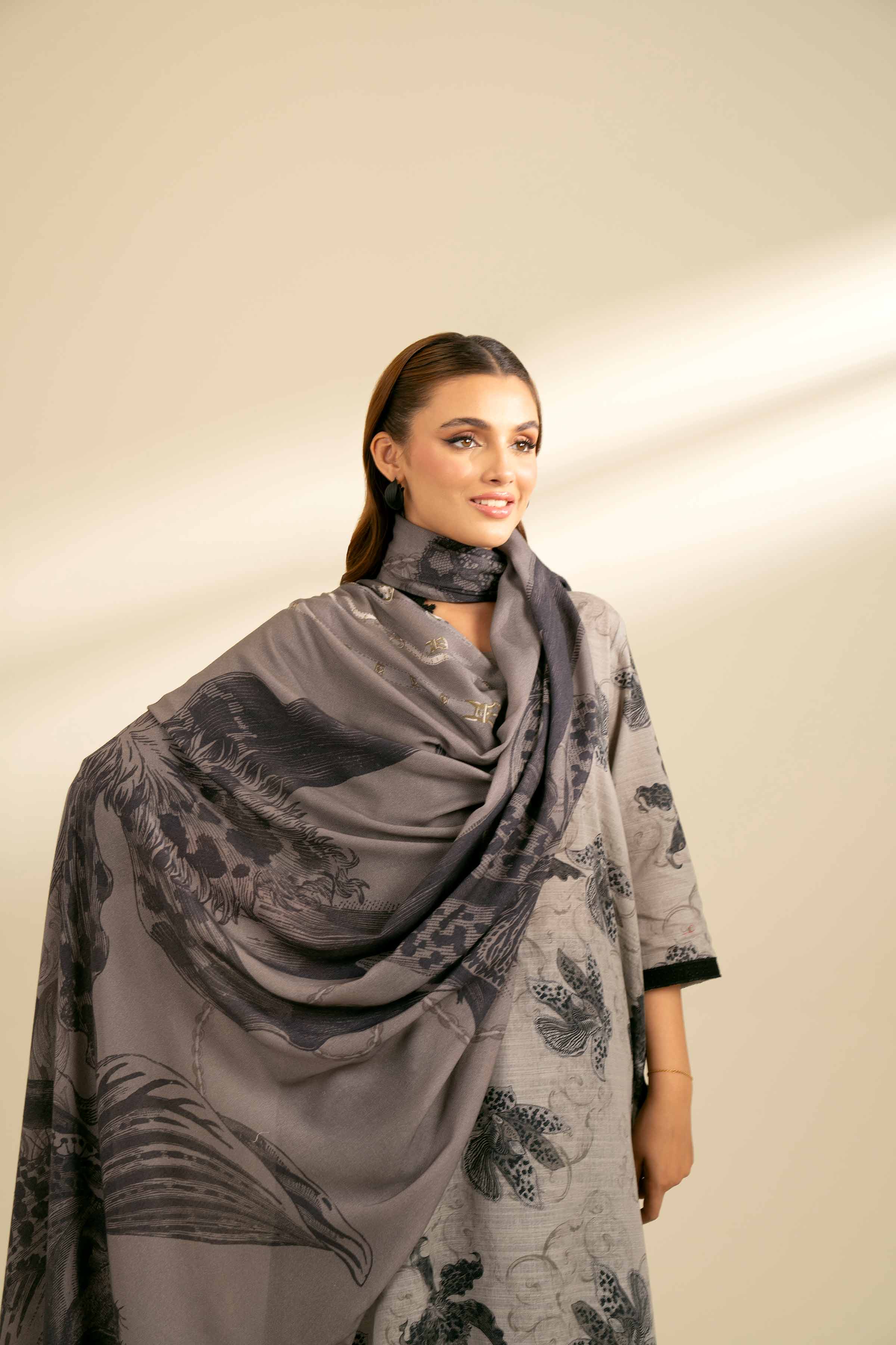 NishatUK - Brown Printed Khaddar 2-piece unstitched Dress