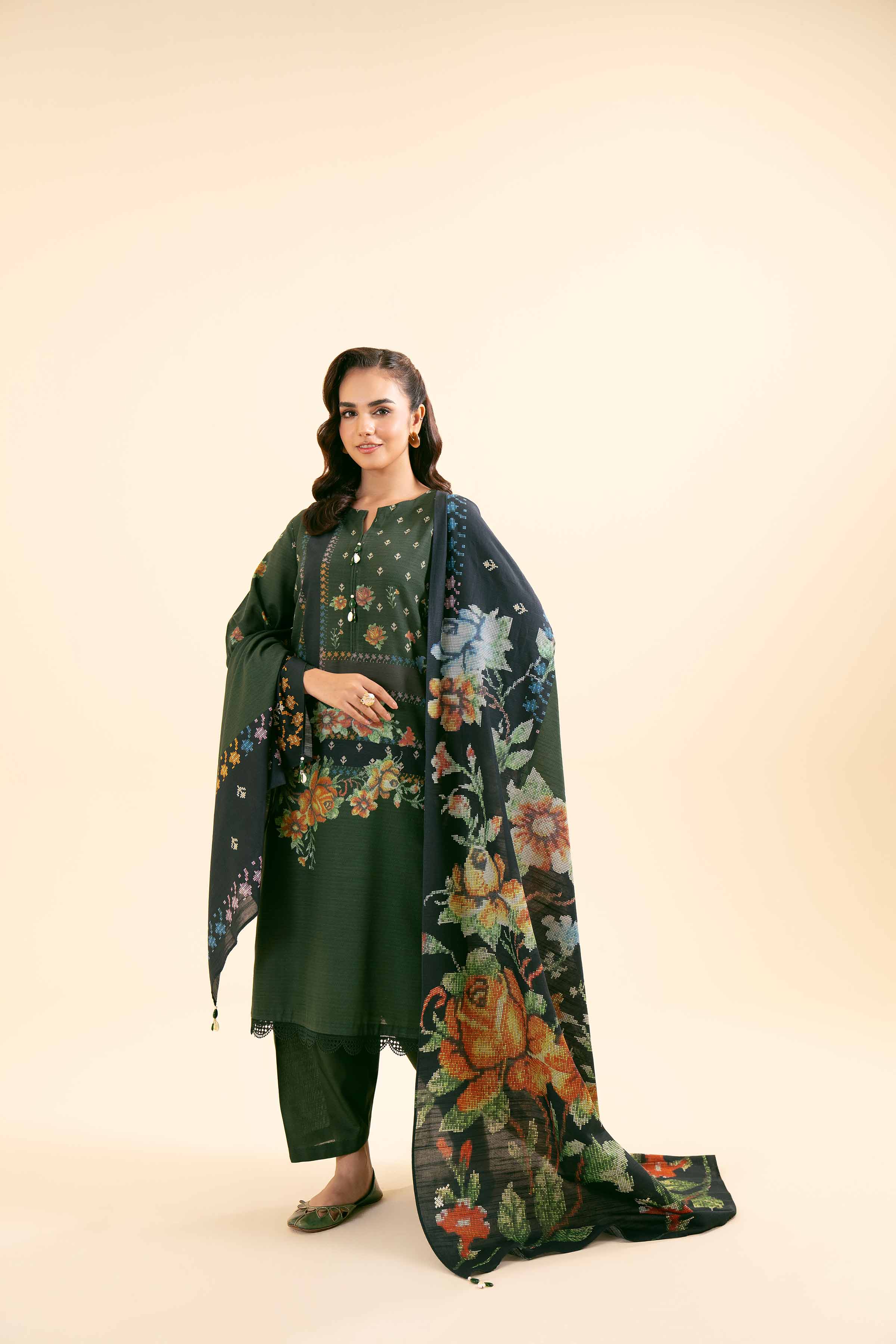 NishatUK - Brown Printed Cotton 3-piece unstitched Suit