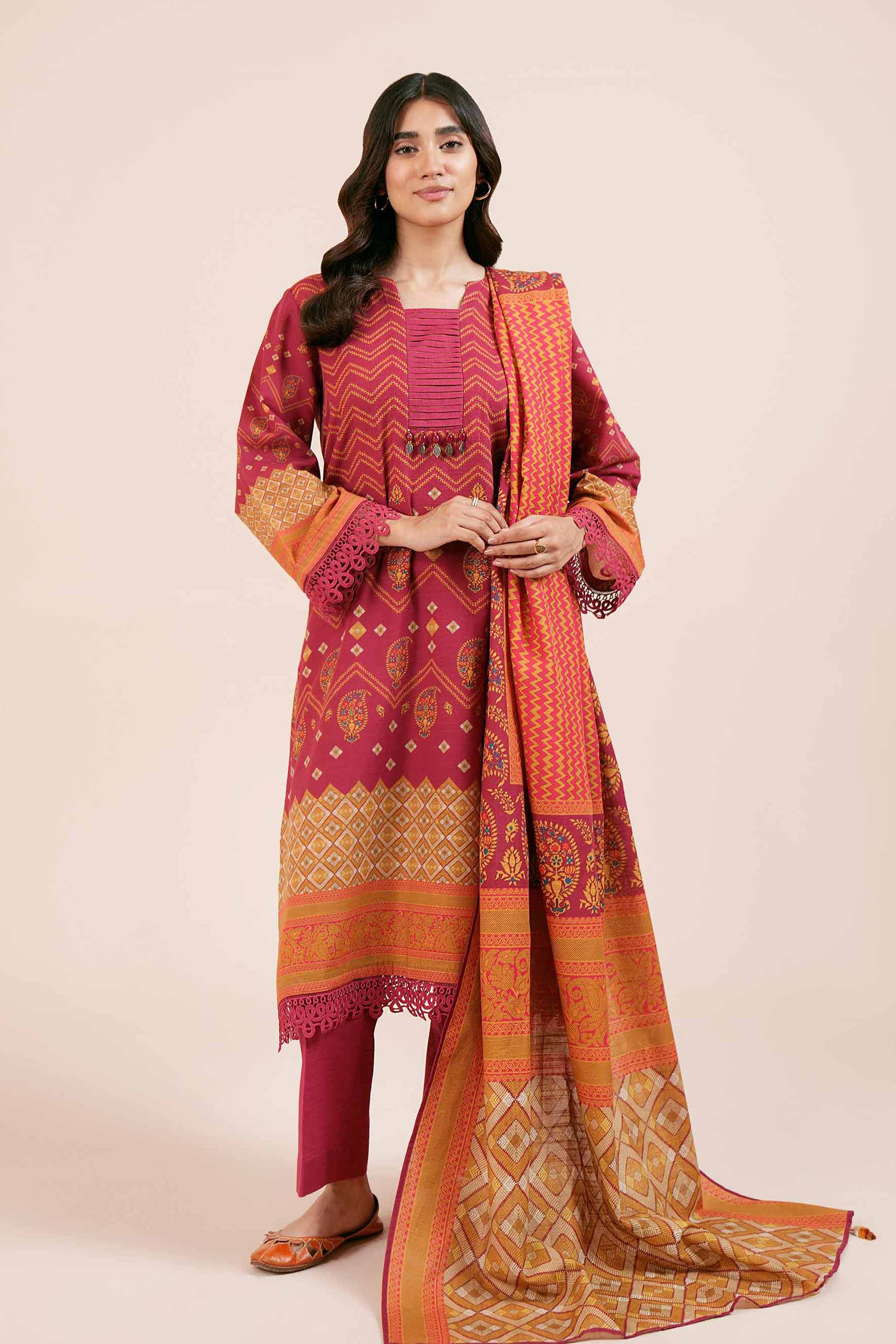 NishatUK - Brown Printed Cotton 3-piece unstitched Suit