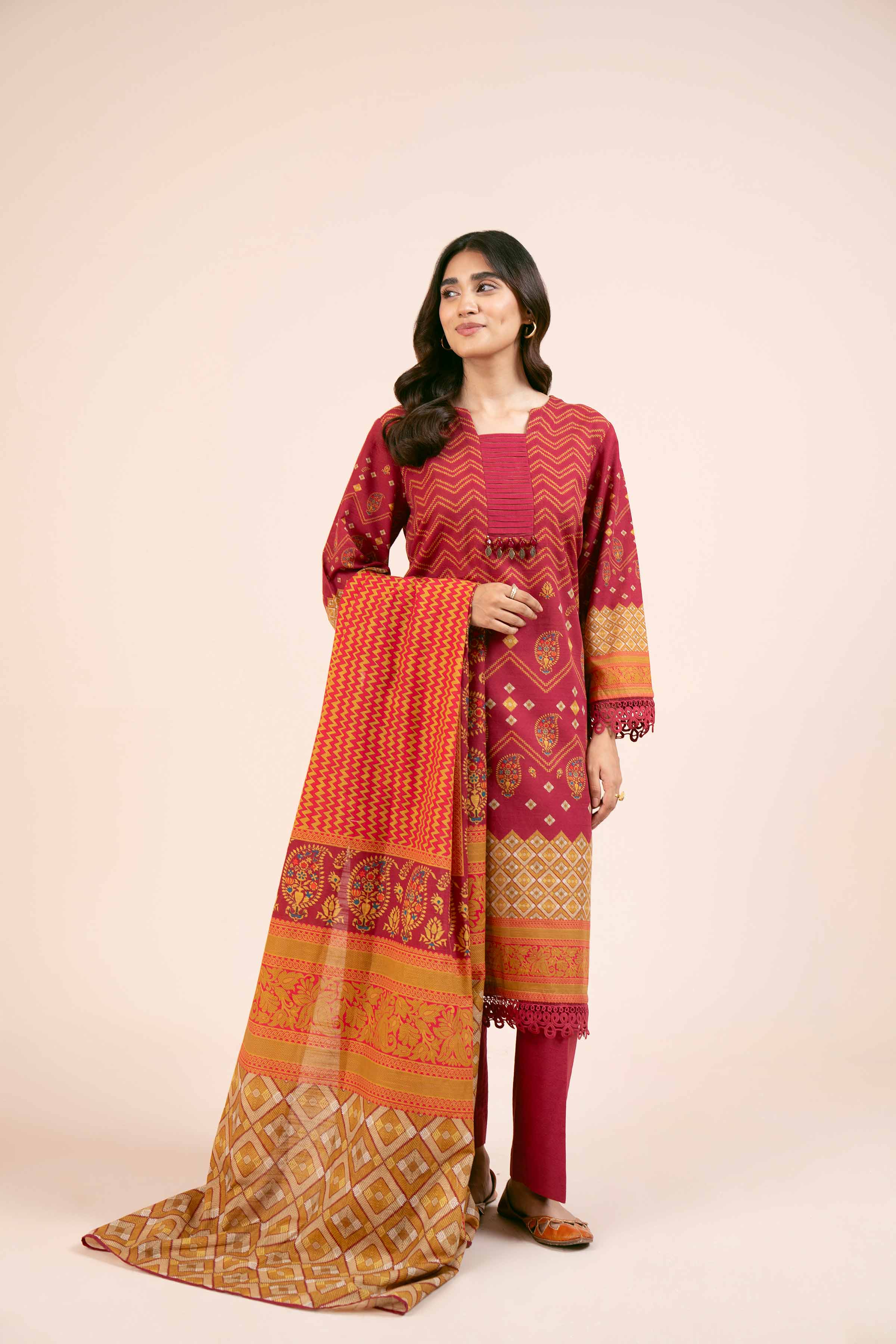NishatUK - Brown Printed Cotton 3-piece unstitched Suit