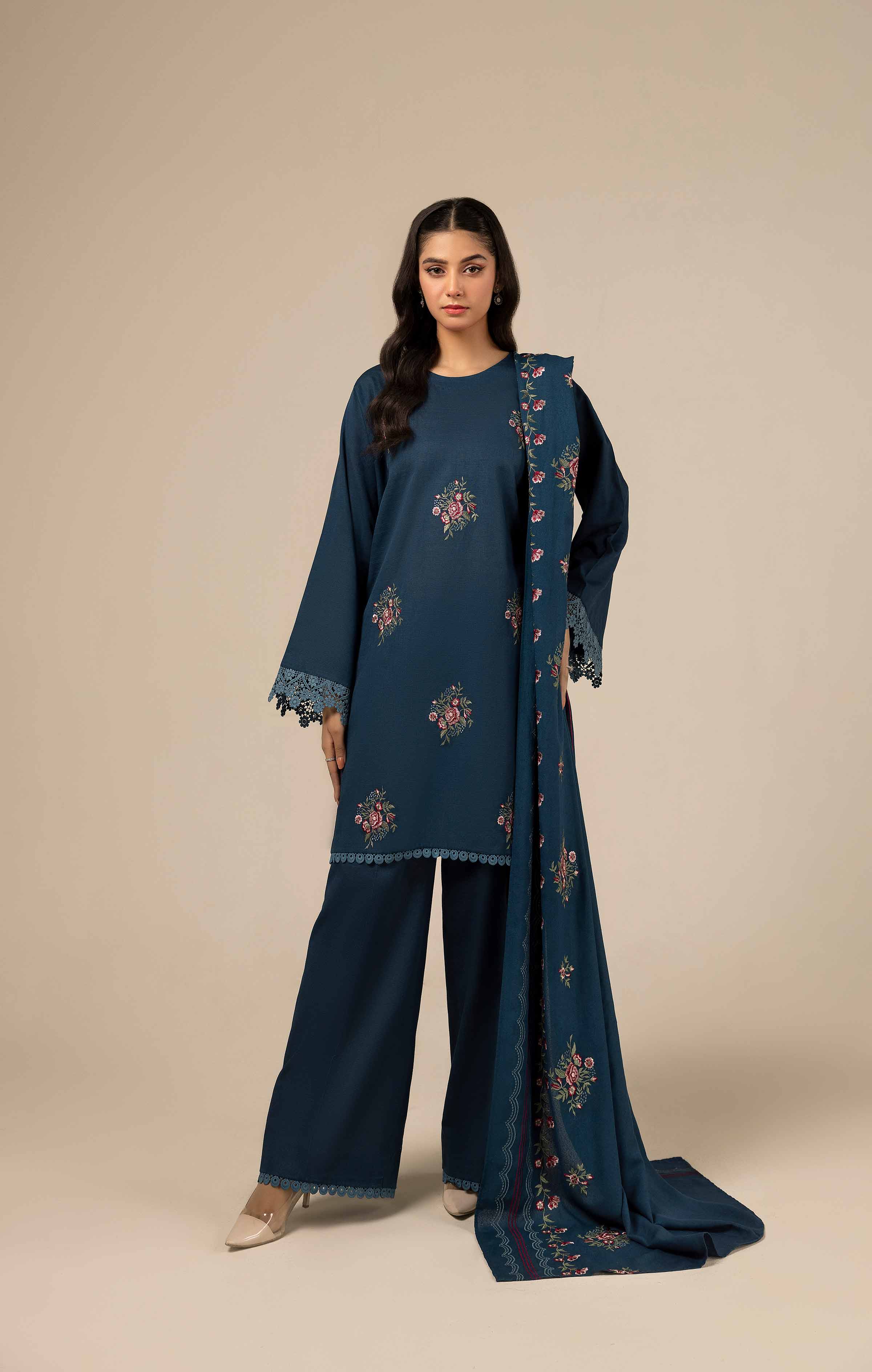 NishatUK - Teal Embroidered Khaddar 3-piece unstitched Suit