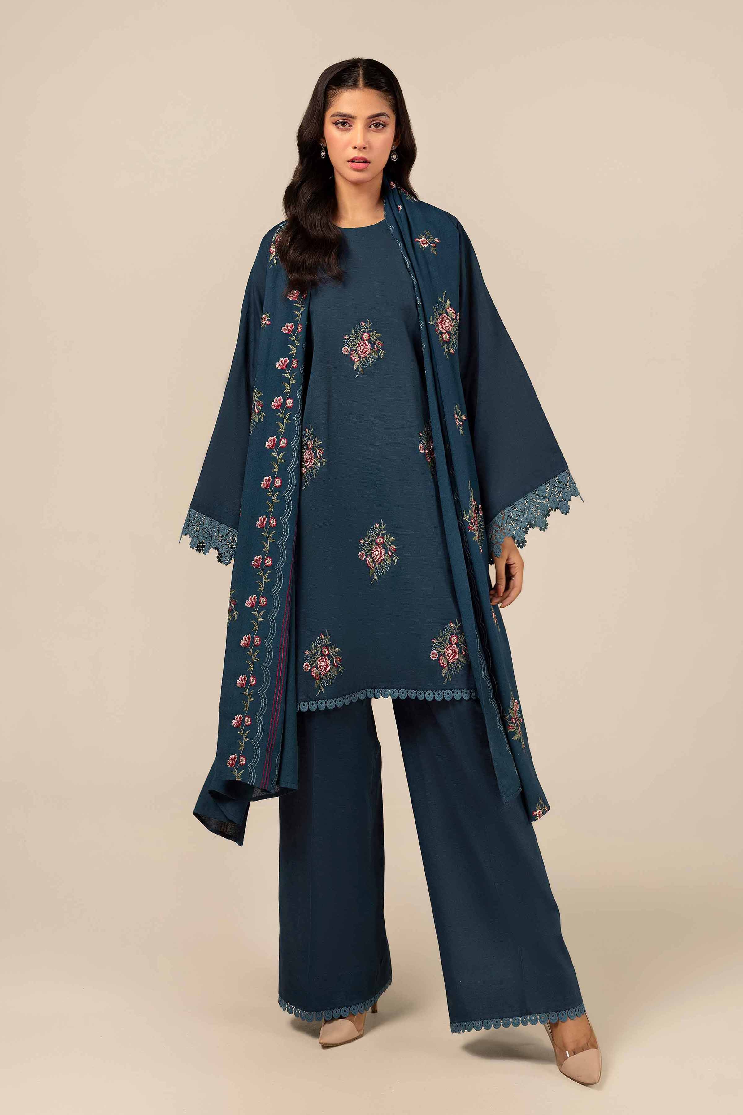 NishatUK - Teal Embroidered Khaddar 3-piece unstitched Suit