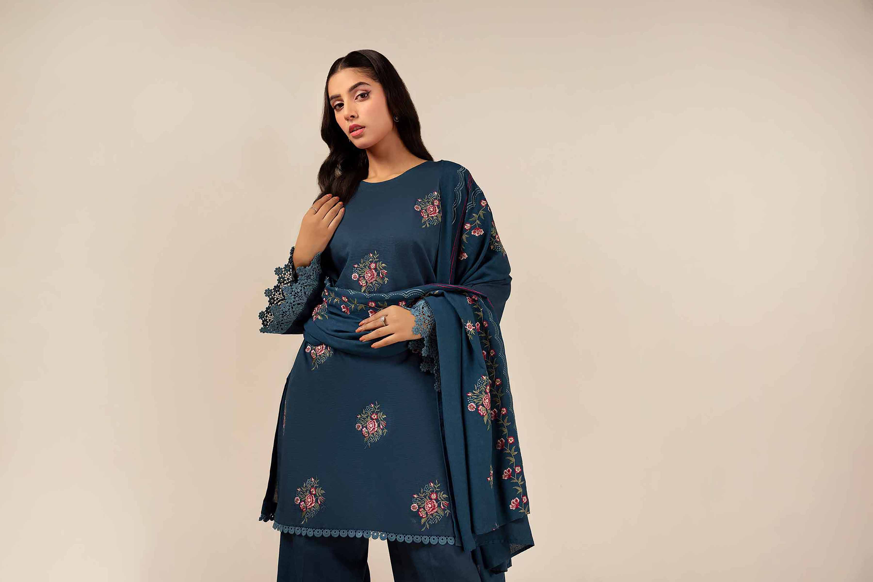 NishatUK - Teal Embroidered Khaddar 3-piece unstitched Suit