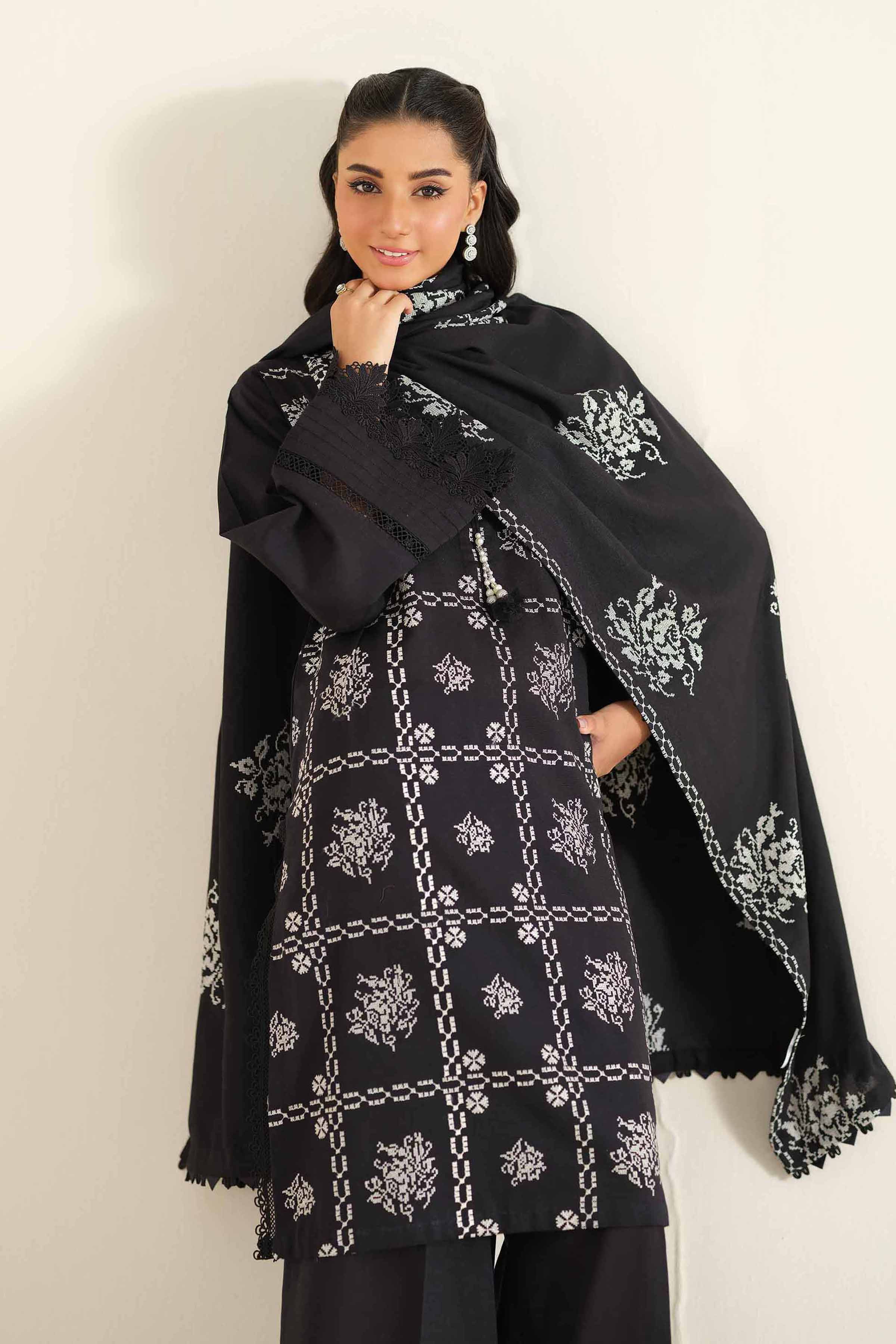 NishatUK - Black Embroidered Khaddar 3-piece unstitched Suit