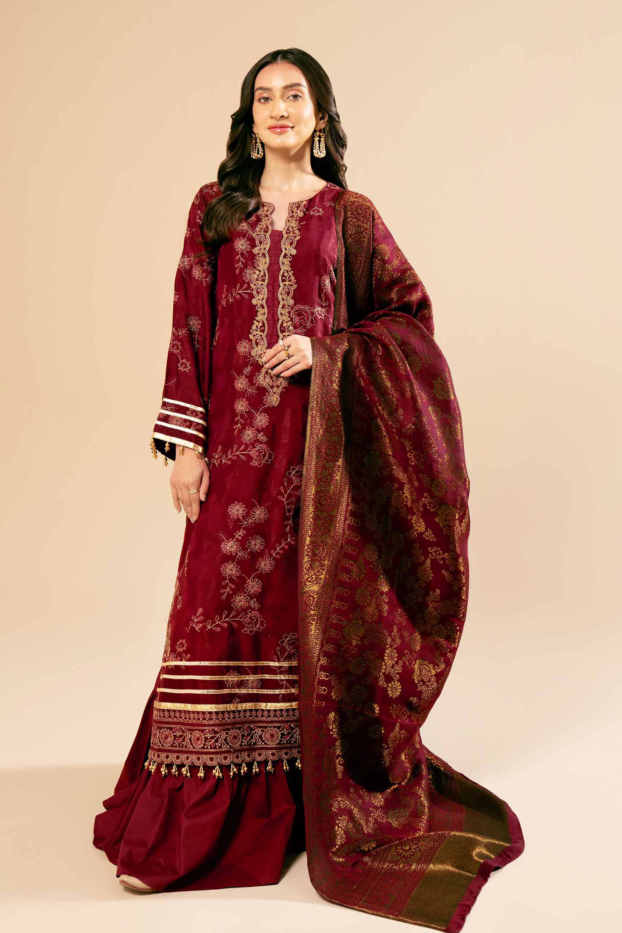 NishatUK - Red Embroidered Jacquard 3-piece unstitched Suit