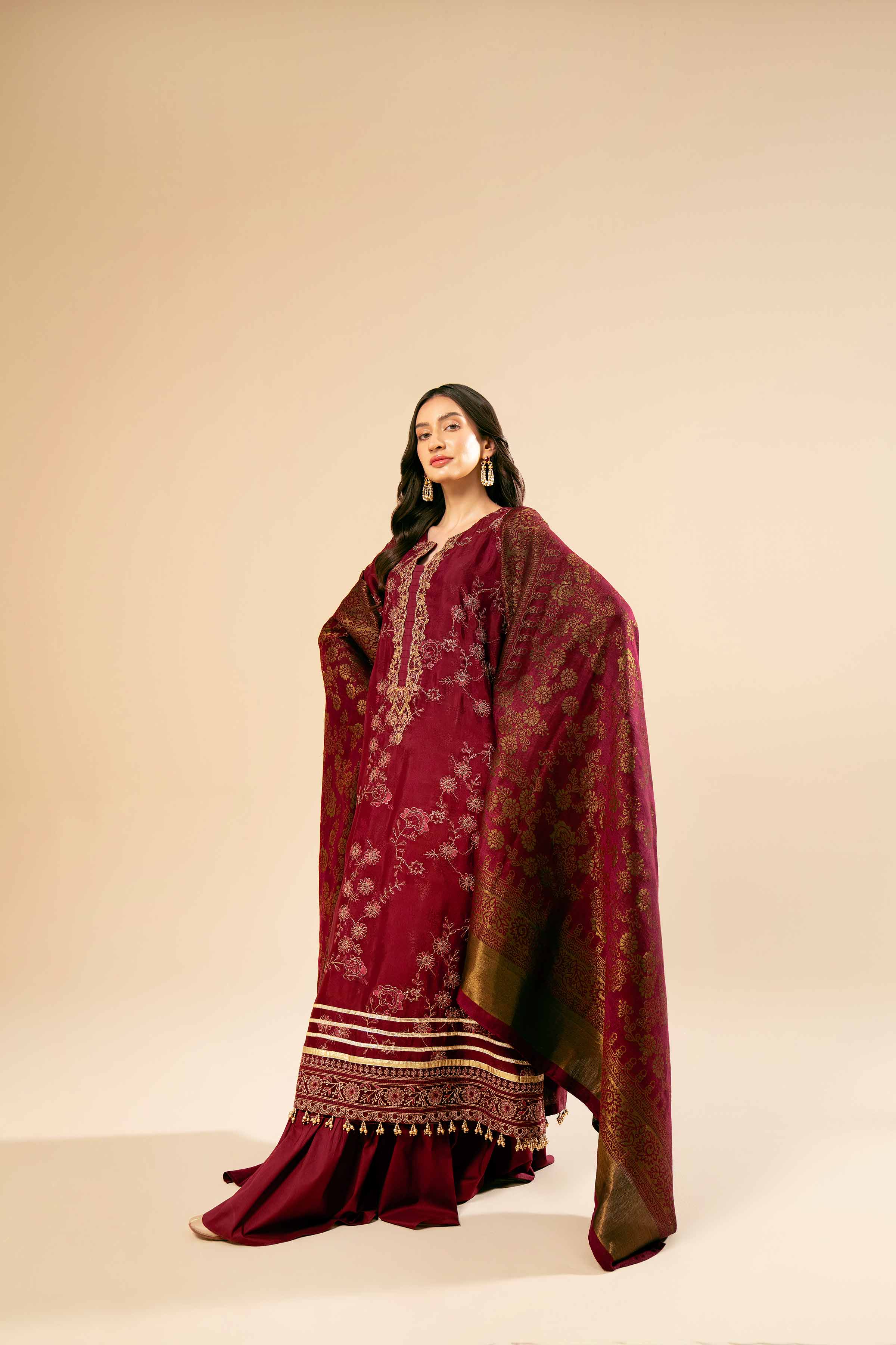 NishatUK - Red Embroidered Jacquard 3-piece unstitched Suit