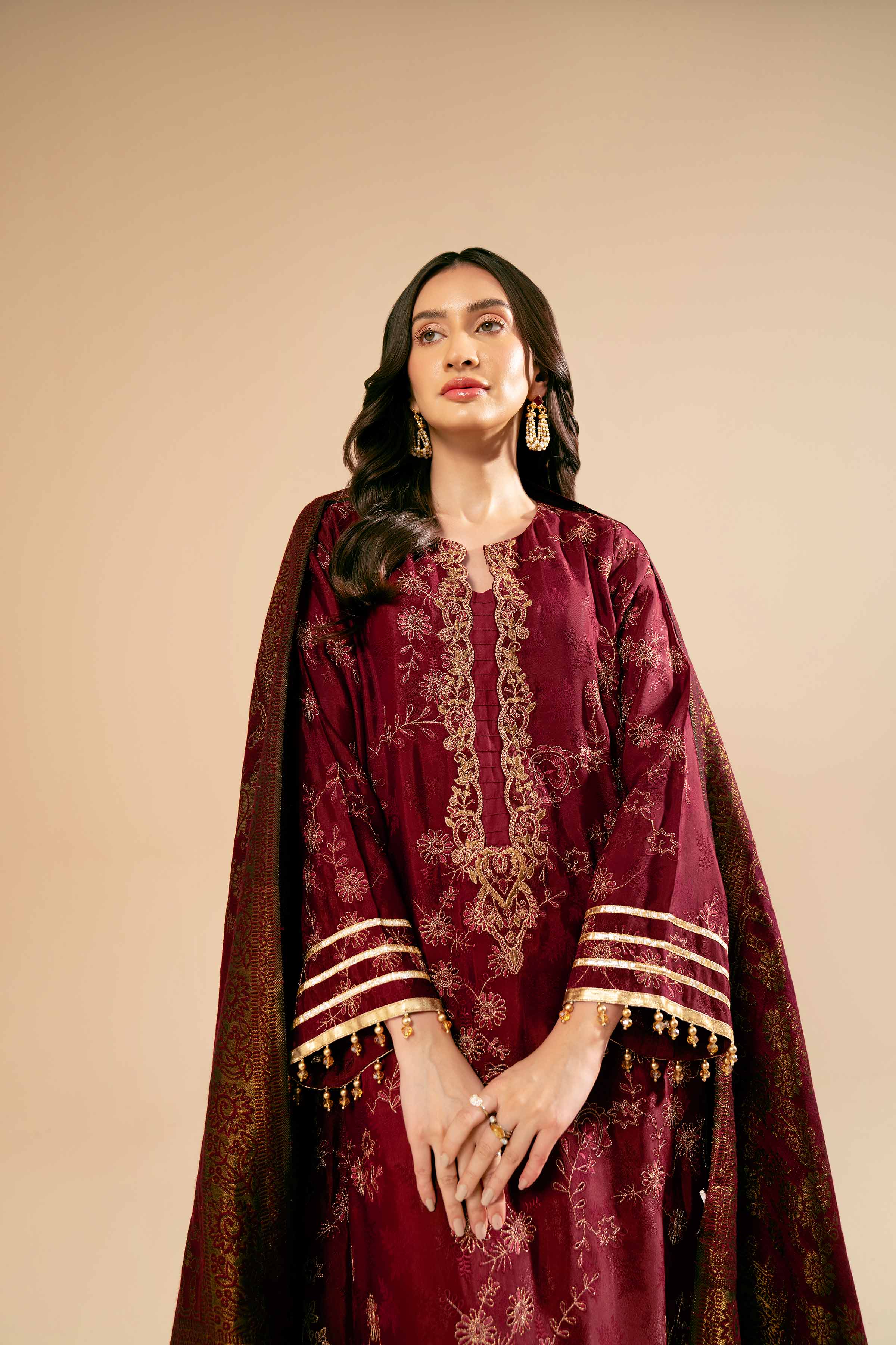 NishatUK - Red Embroidered Jacquard 3-piece unstitched Suit
