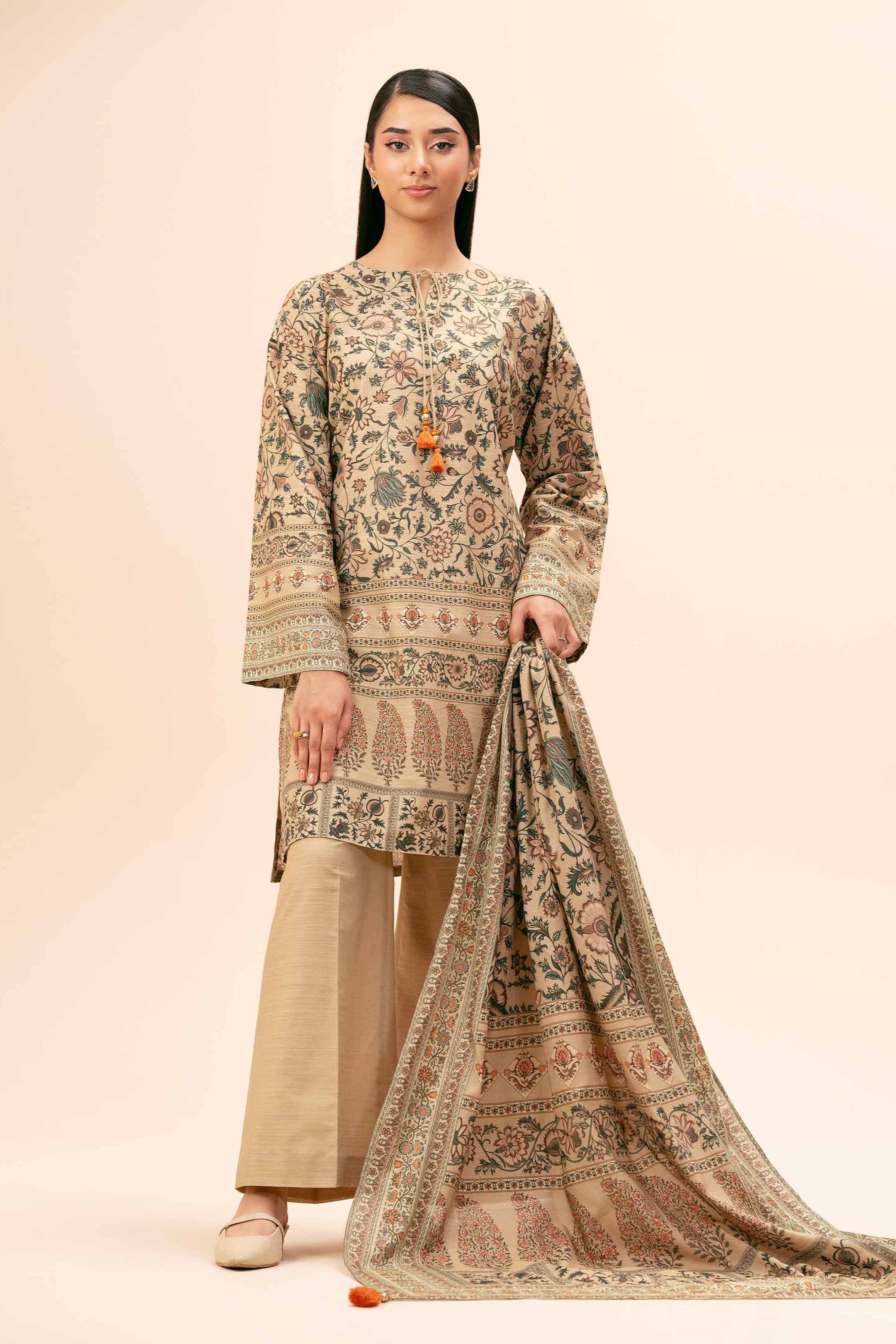 NishatUK - Brown Printed Cotton 3-piece unstitched Suit