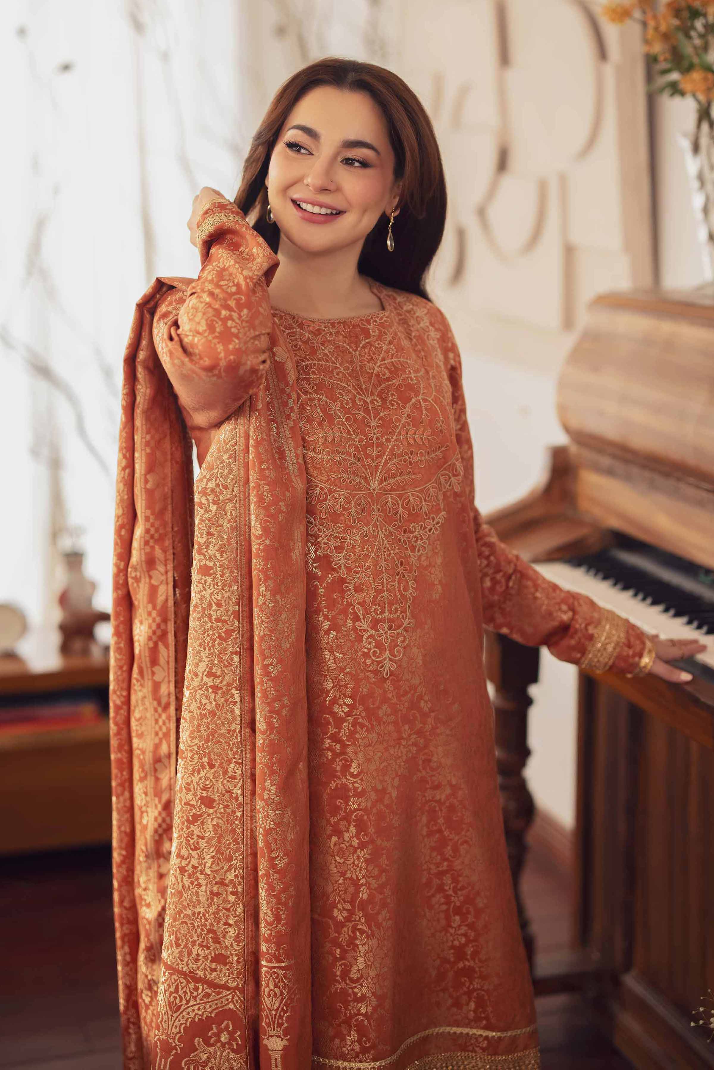 NishatUK - Orange Rust Embroidered Jacquard 3-piece unstitched Suit