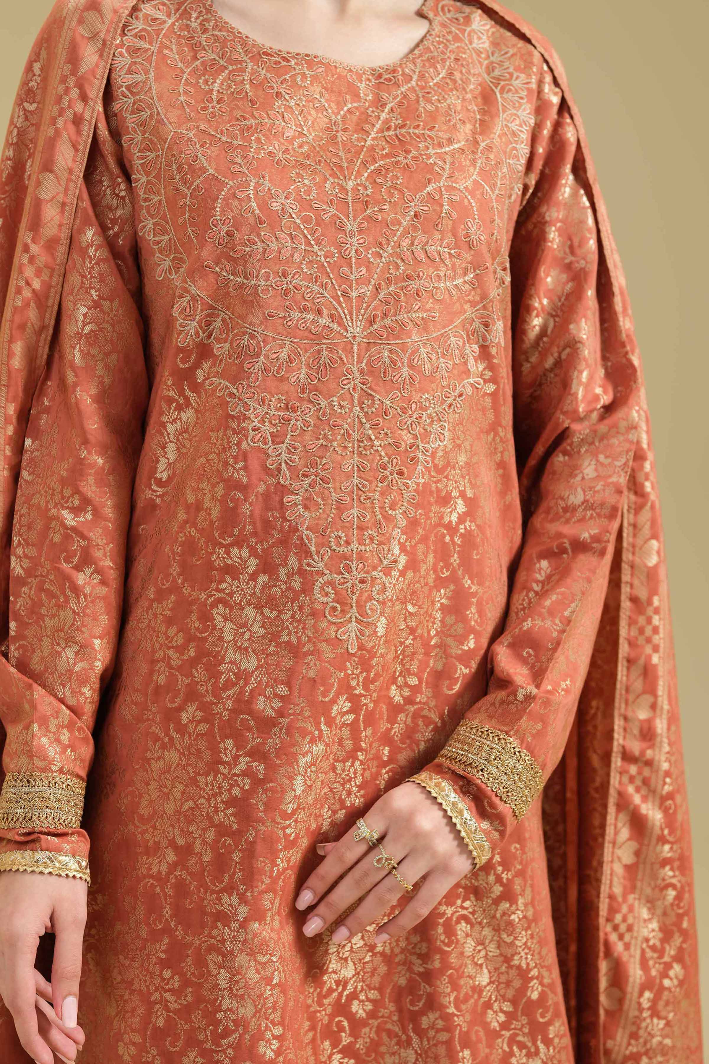NishatUK - Orange Rust Embroidered Jacquard 3-piece unstitched Suit