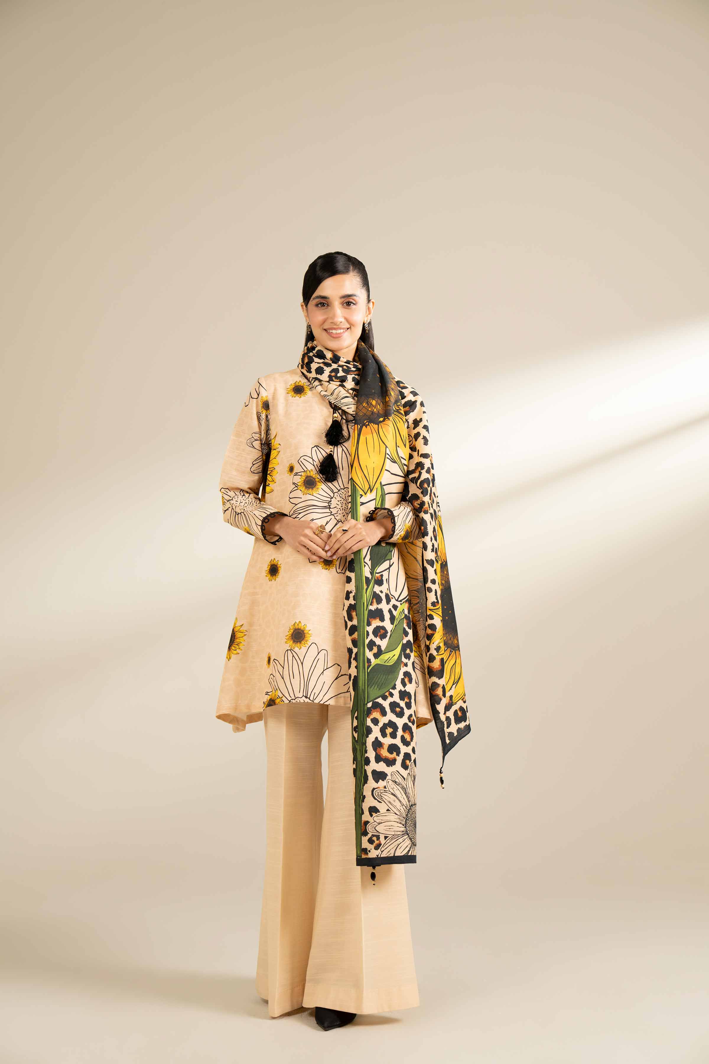 NishatUK - Beige Printed Cotton 3-piece unstitched Suit