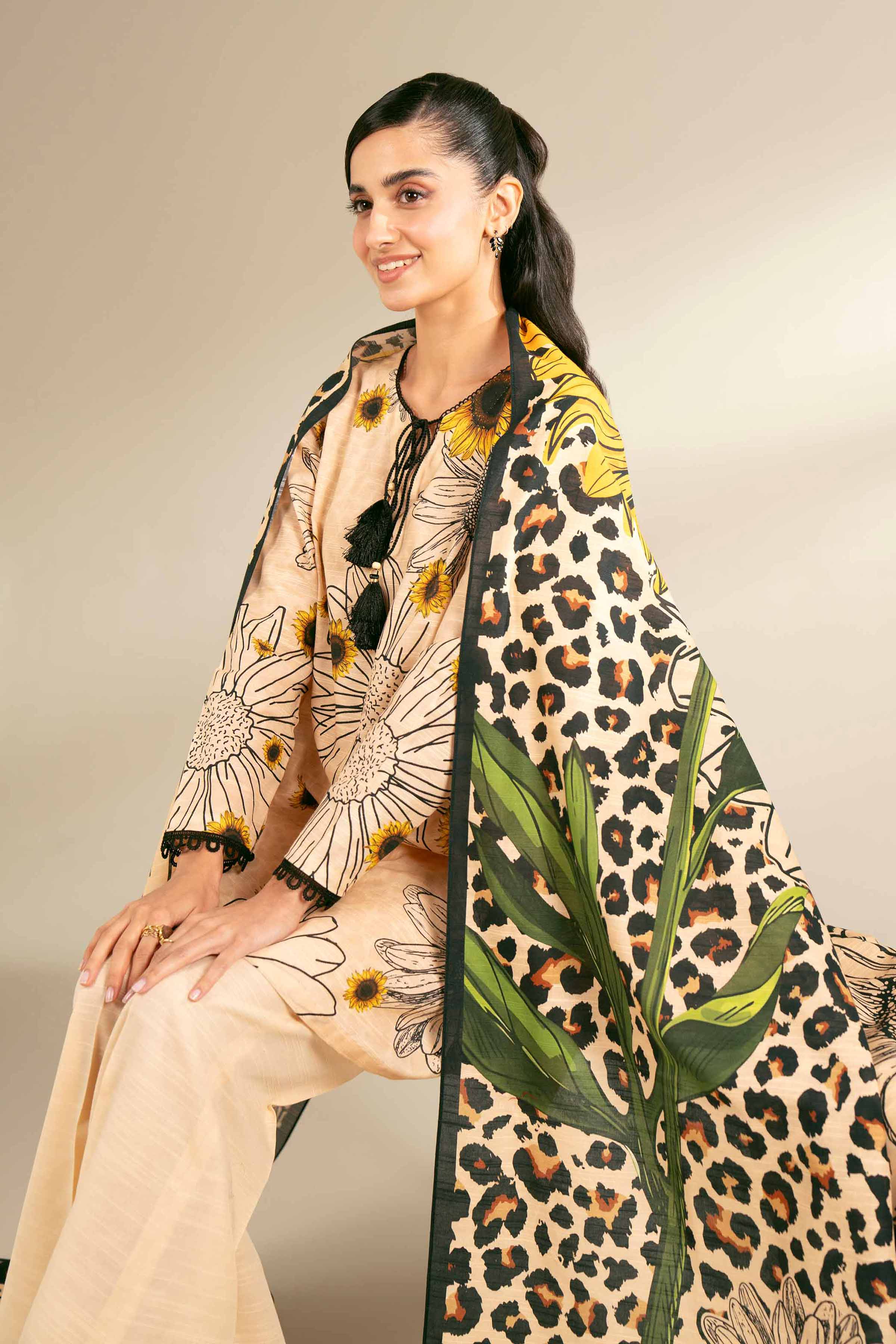 NishatUK - Beige Printed Cotton 3-piece unstitched Suit