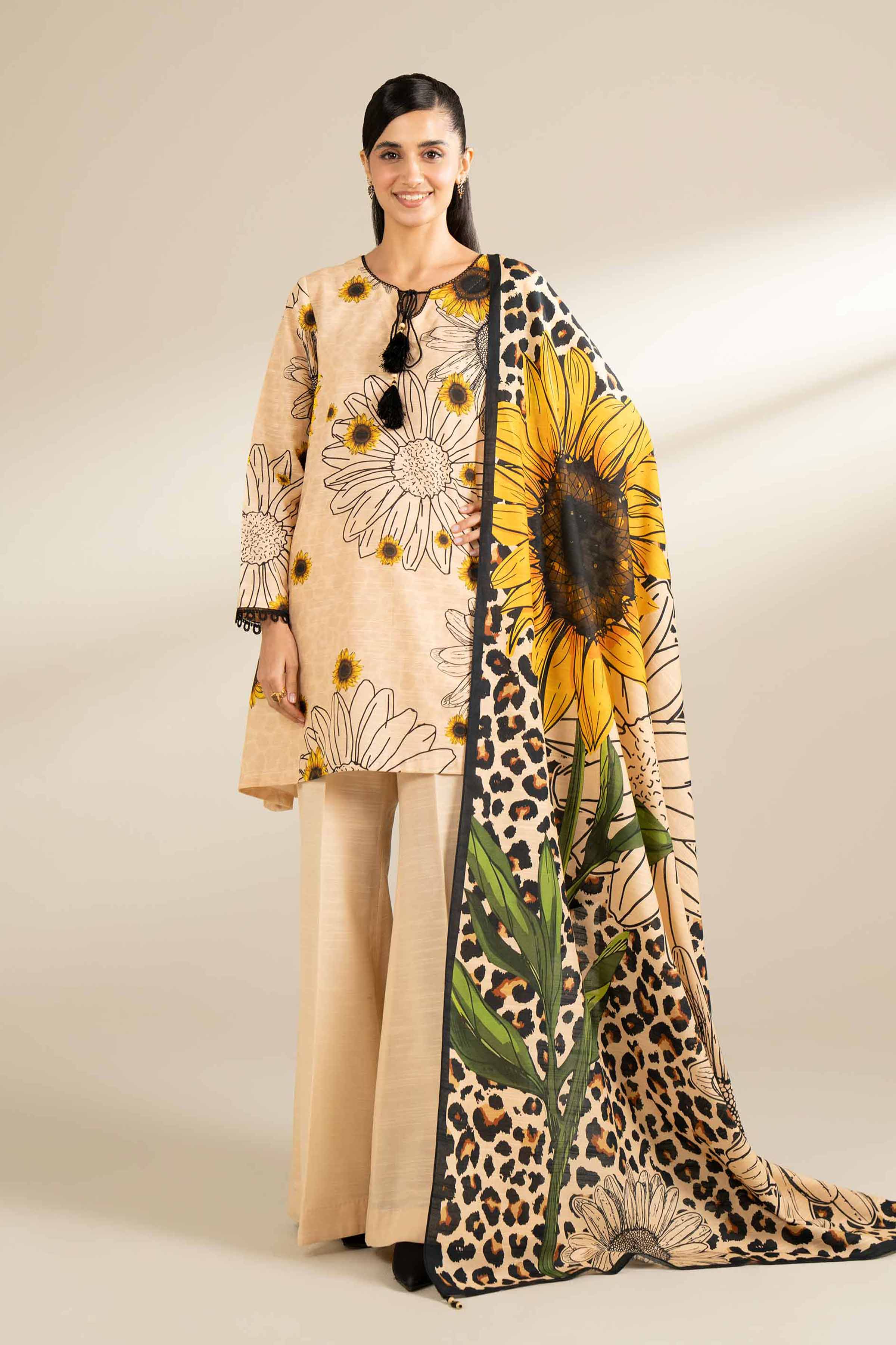 NishatUK - Beige Printed Cotton 3-piece unstitched Suit