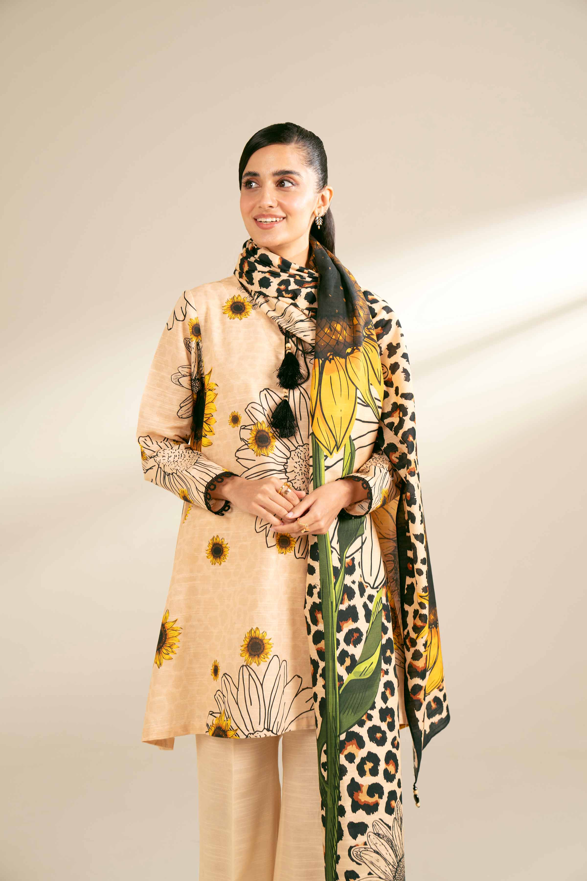 NishatUK - Beige Printed Cotton 3-piece unstitched Suit