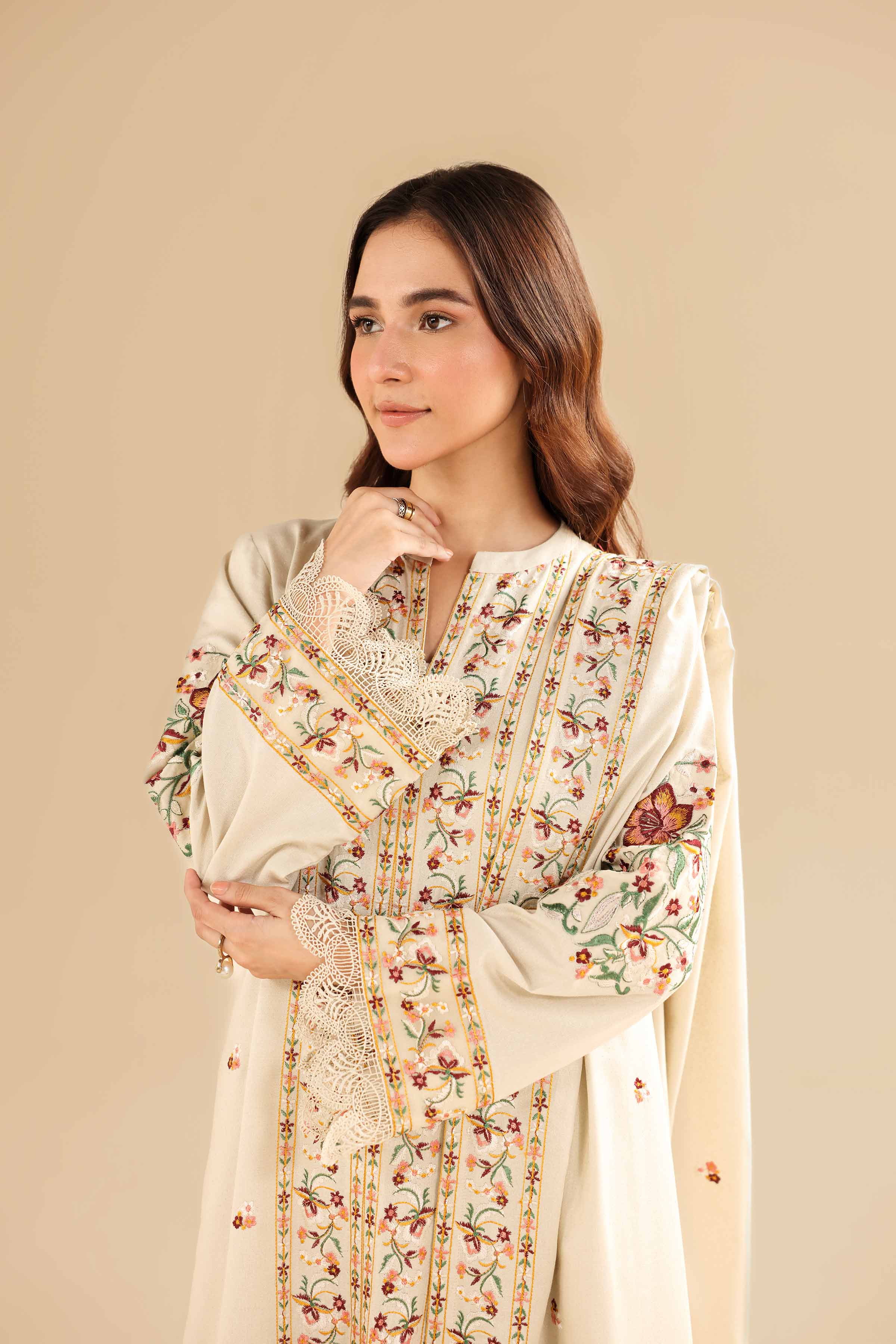 NishatUK - Beige Embroidered Karandi 3-piece unstitched Suit
