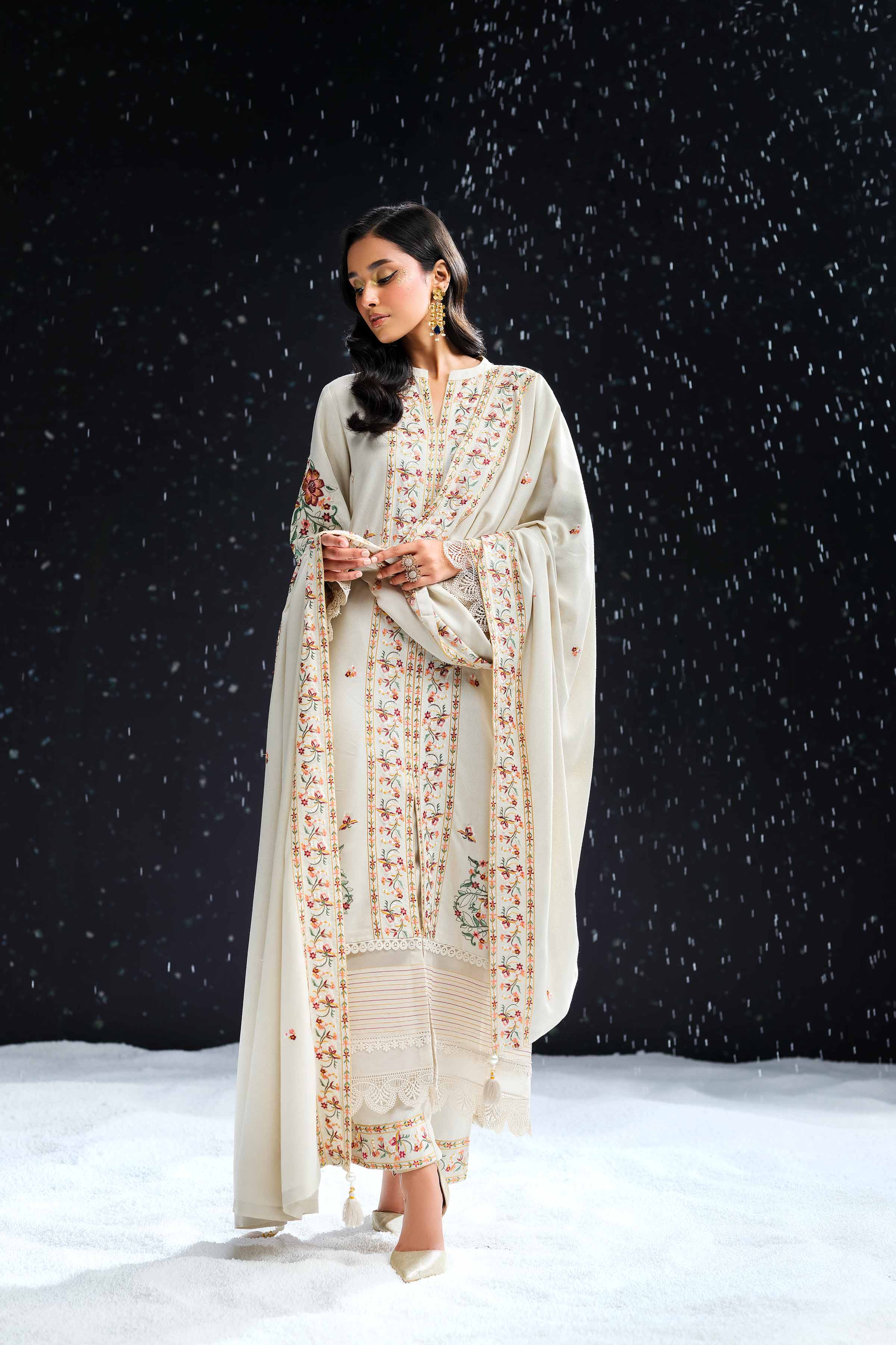 NishatUK - Beige Embroidered Karandi 3-piece unstitched Suit