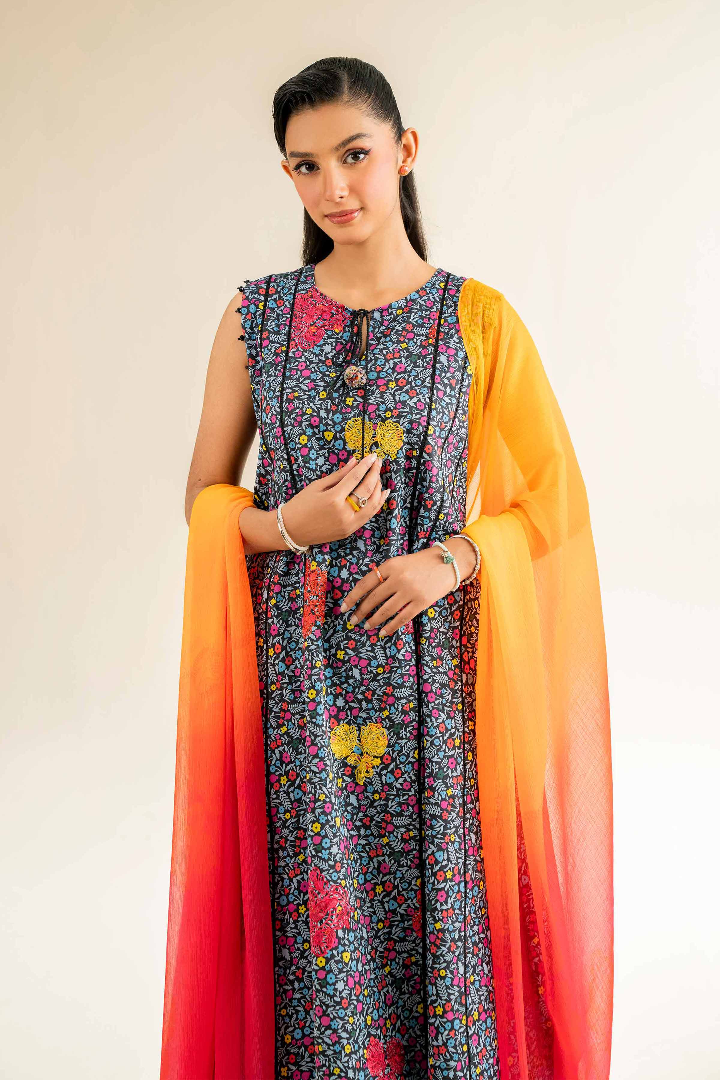 NishatUK - Pink & Black Embroidered Cambric 3-piece unstitched Suit