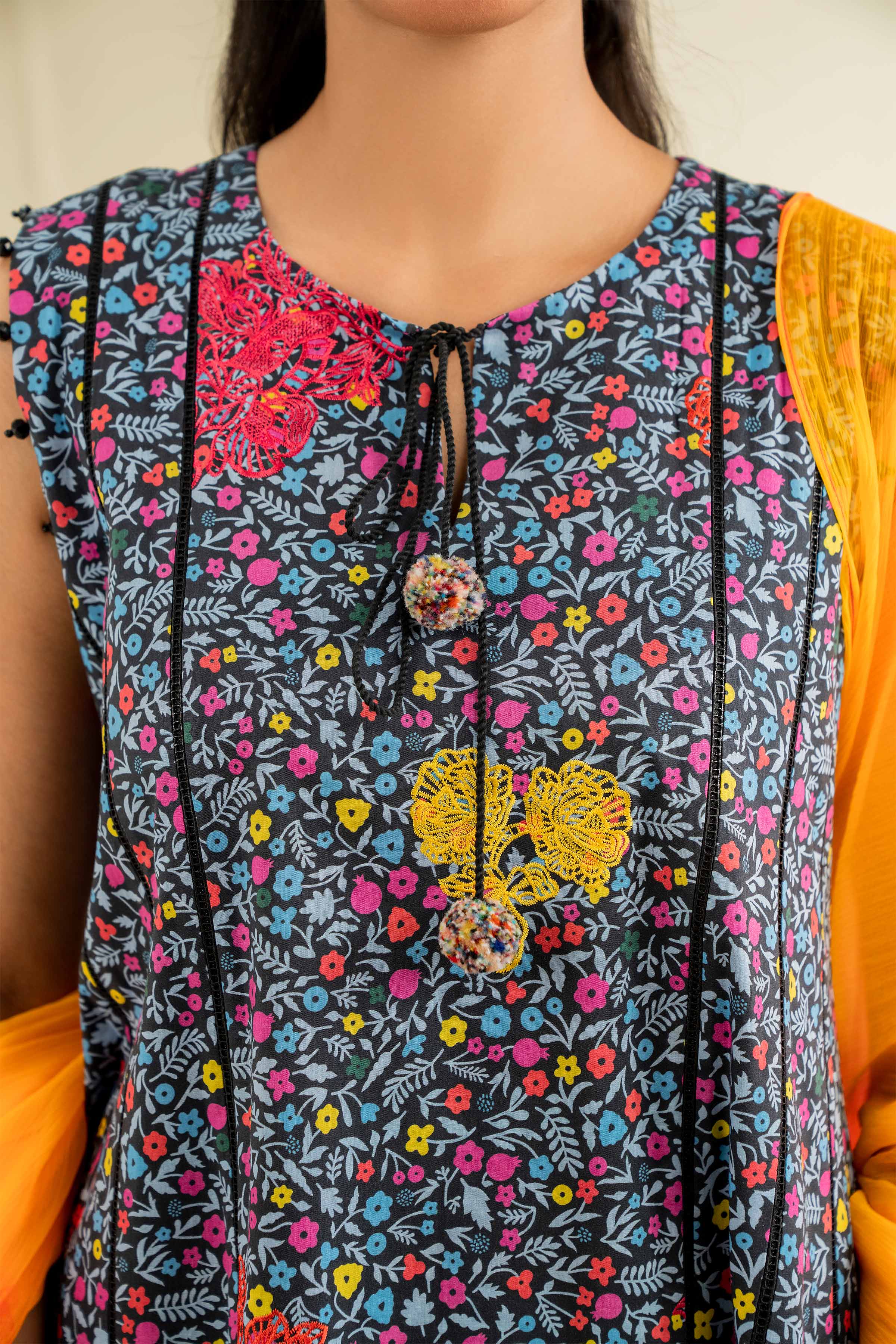NishatUK - Pink & Black Embroidered Cambric 3-piece unstitched Suit