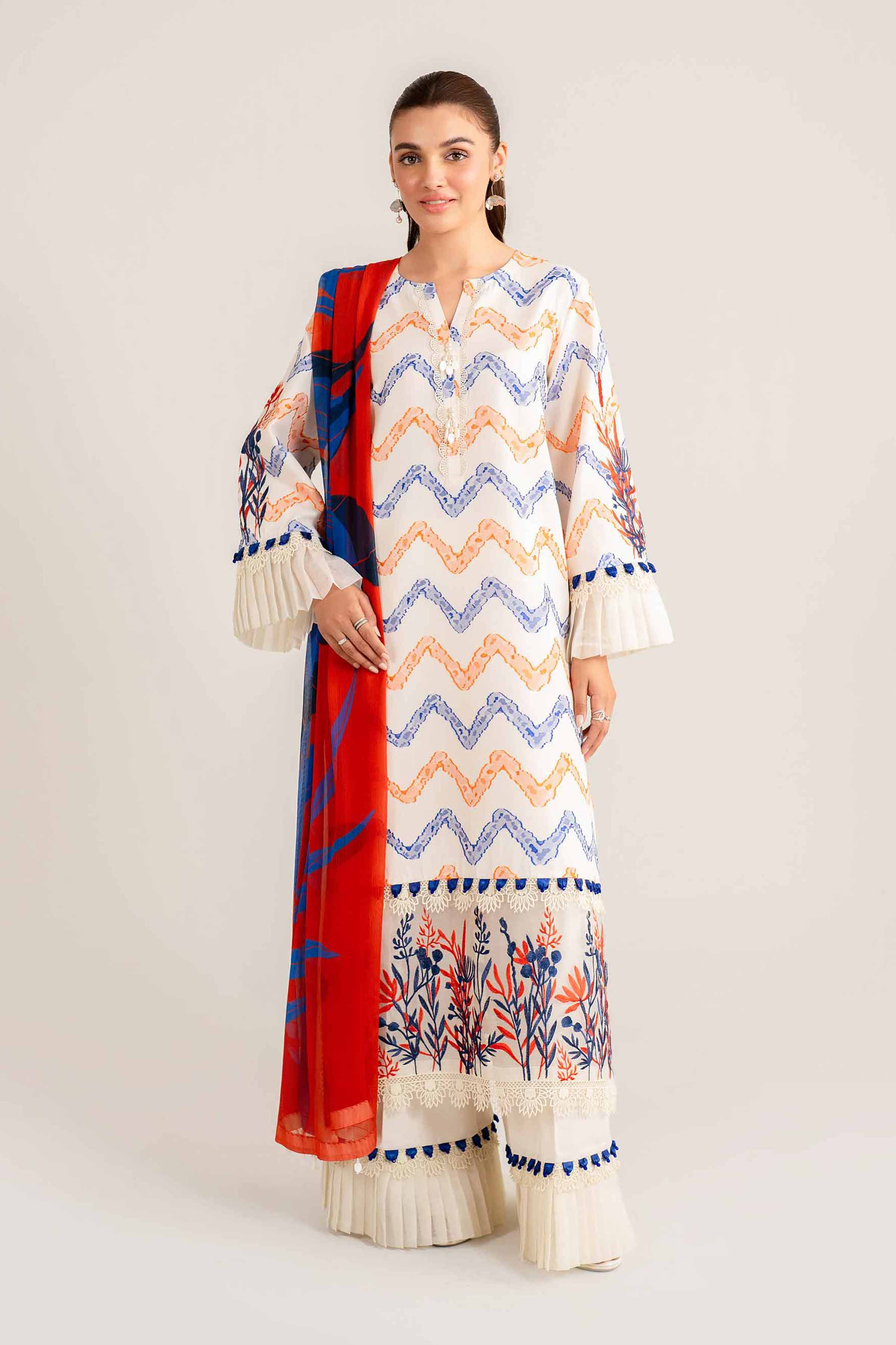 NishatUK - Red Embroidered Jacquard 3-piece unstitched Suit