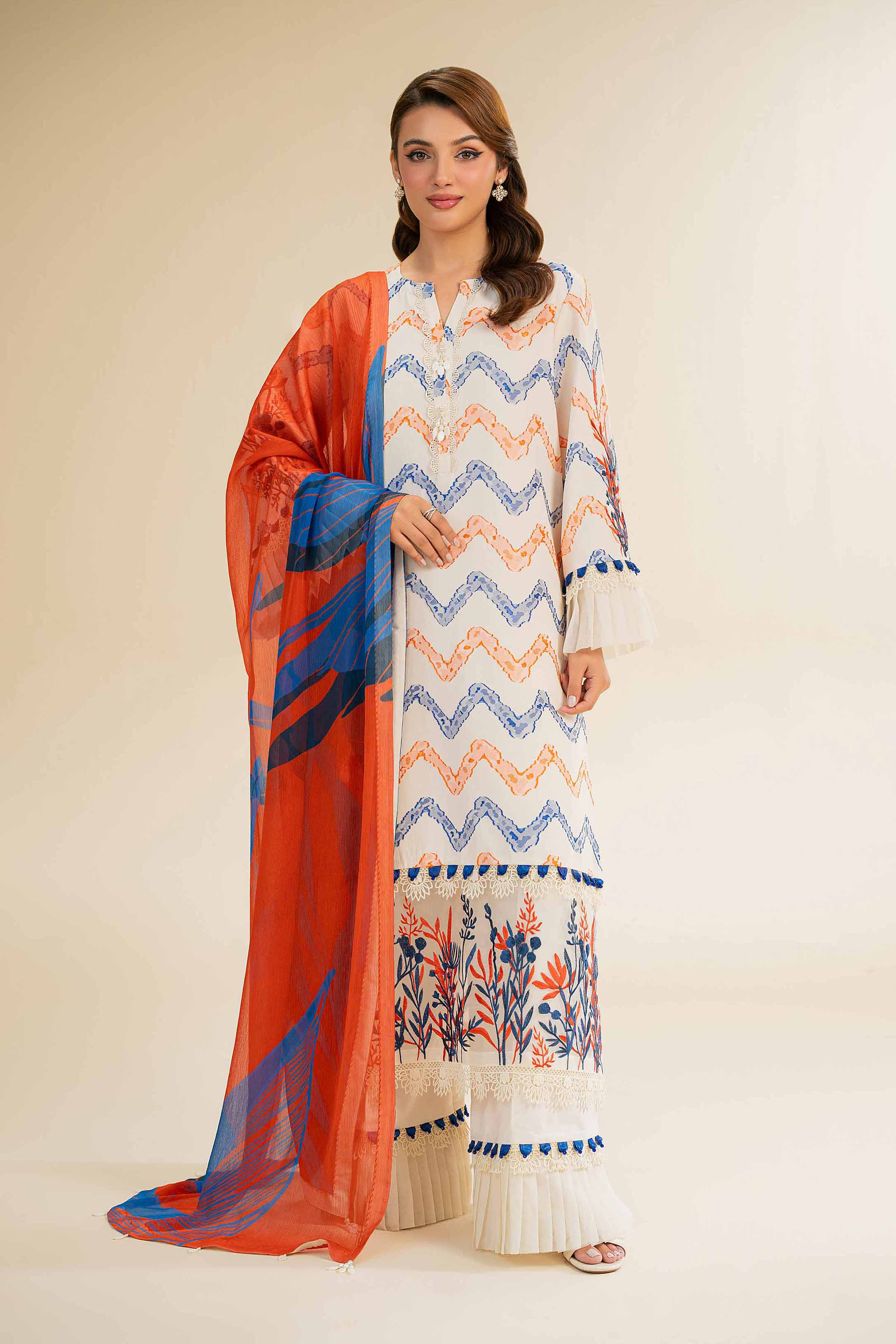 NishatUK - Red Embroidered Jacquard 3-piece unstitched Suit