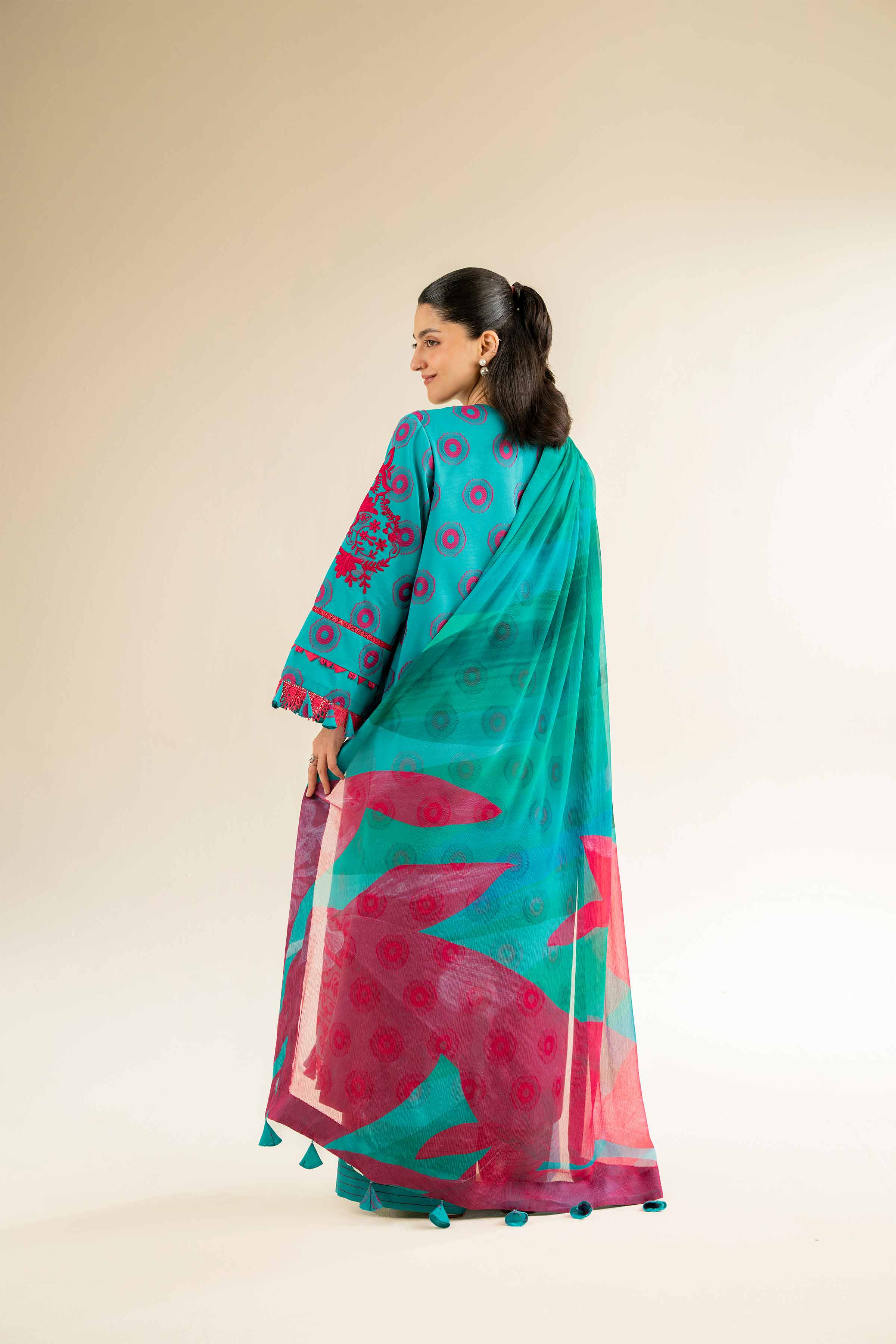 NishatUK - Pink & Teal Embroidered Jacquard 3-piece unstitched Suit