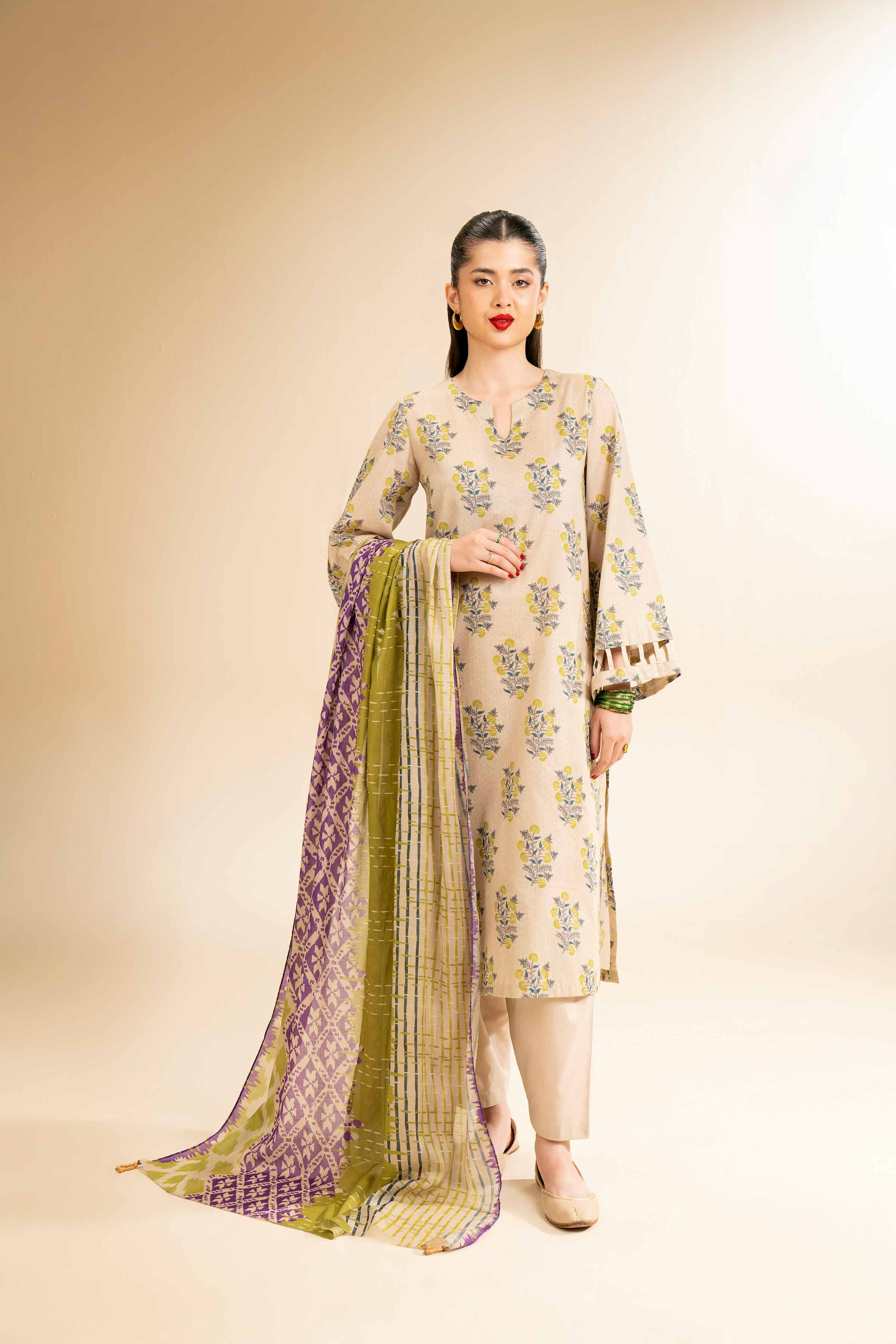 NishatUK - Skin & Brown Printed Lawn 3-piece unstitched Suit