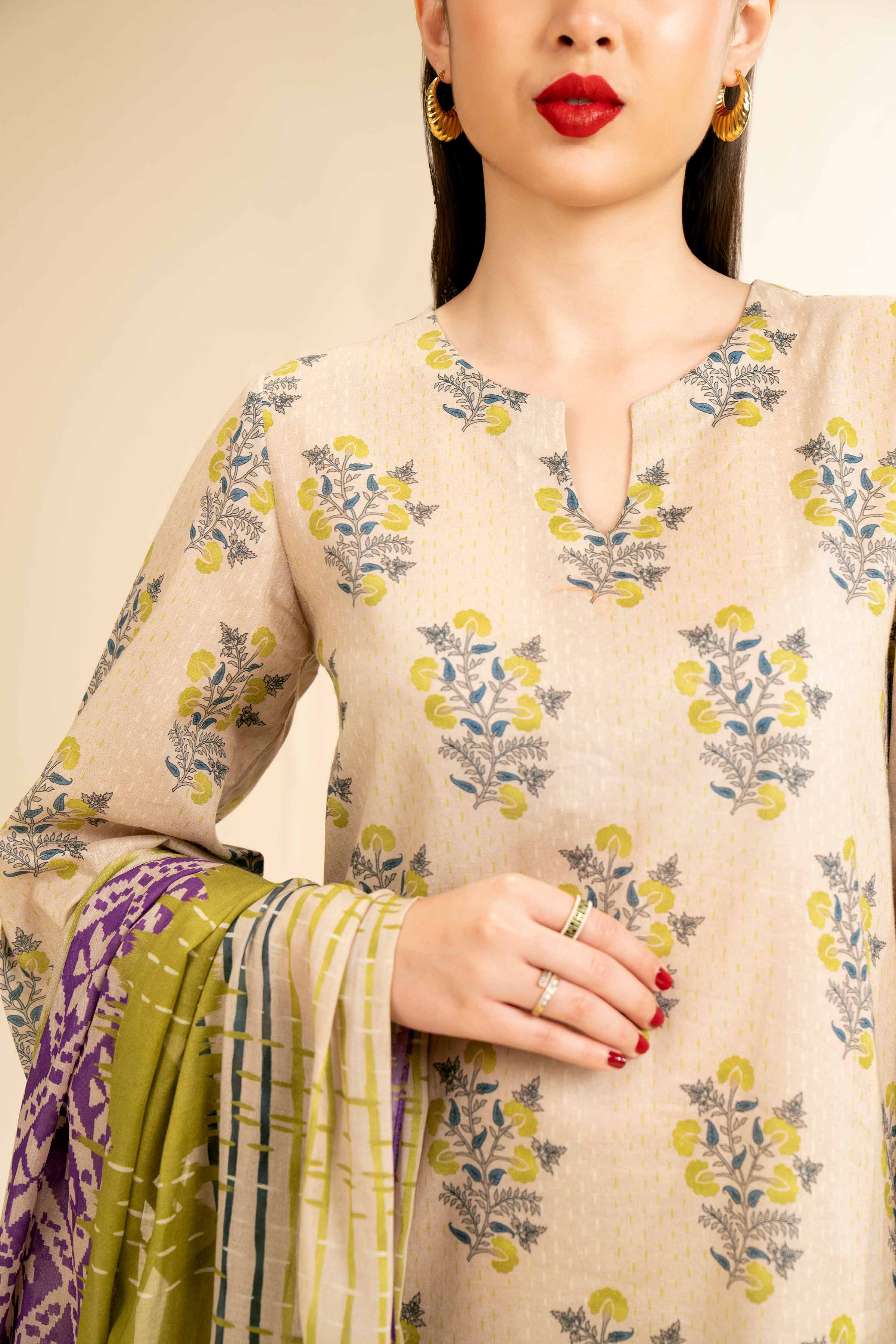 NishatUK - Skin & Brown Printed Lawn 3-piece unstitched Suit