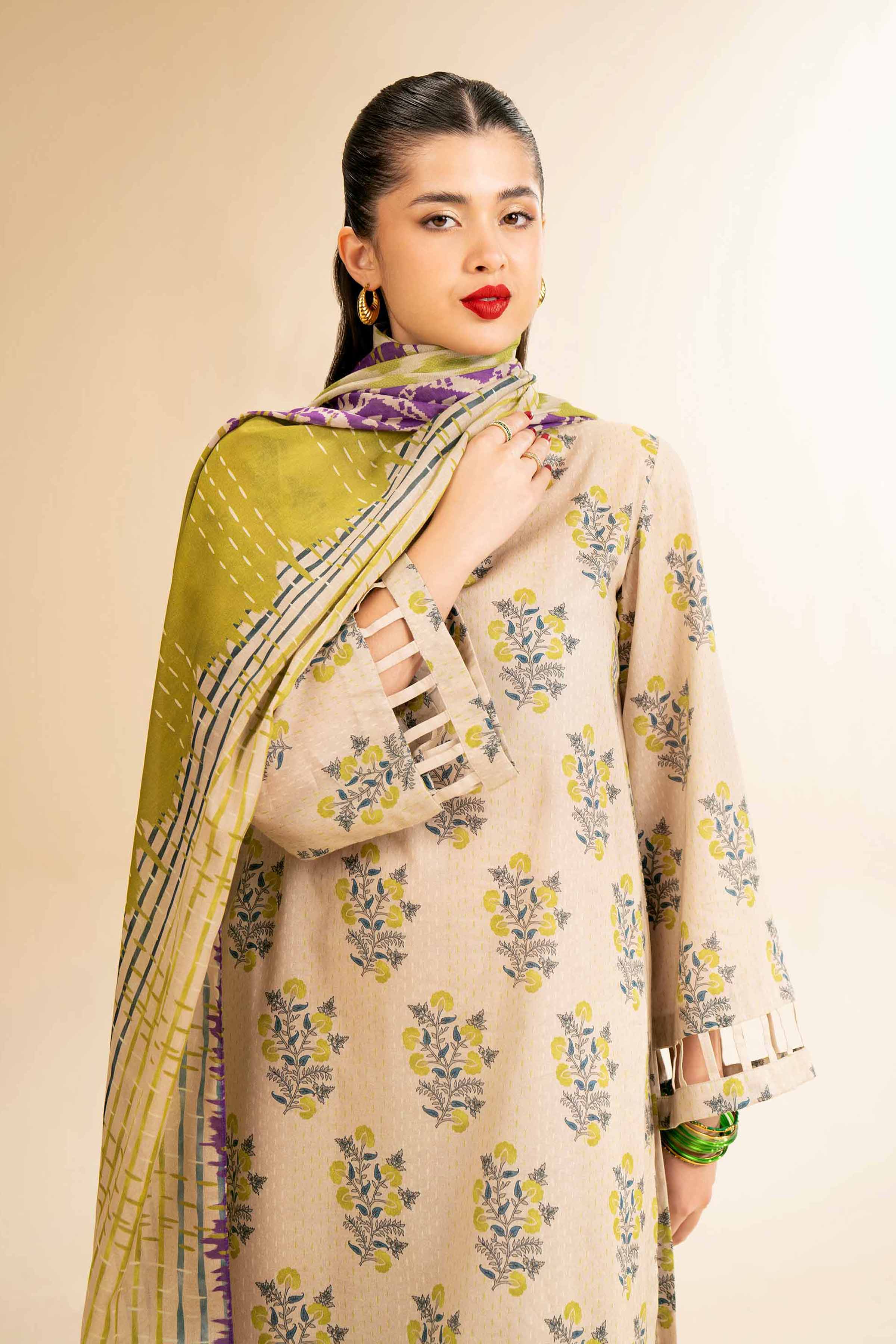 NishatUK - Skin & Brown Printed Lawn 3-piece unstitched Suit