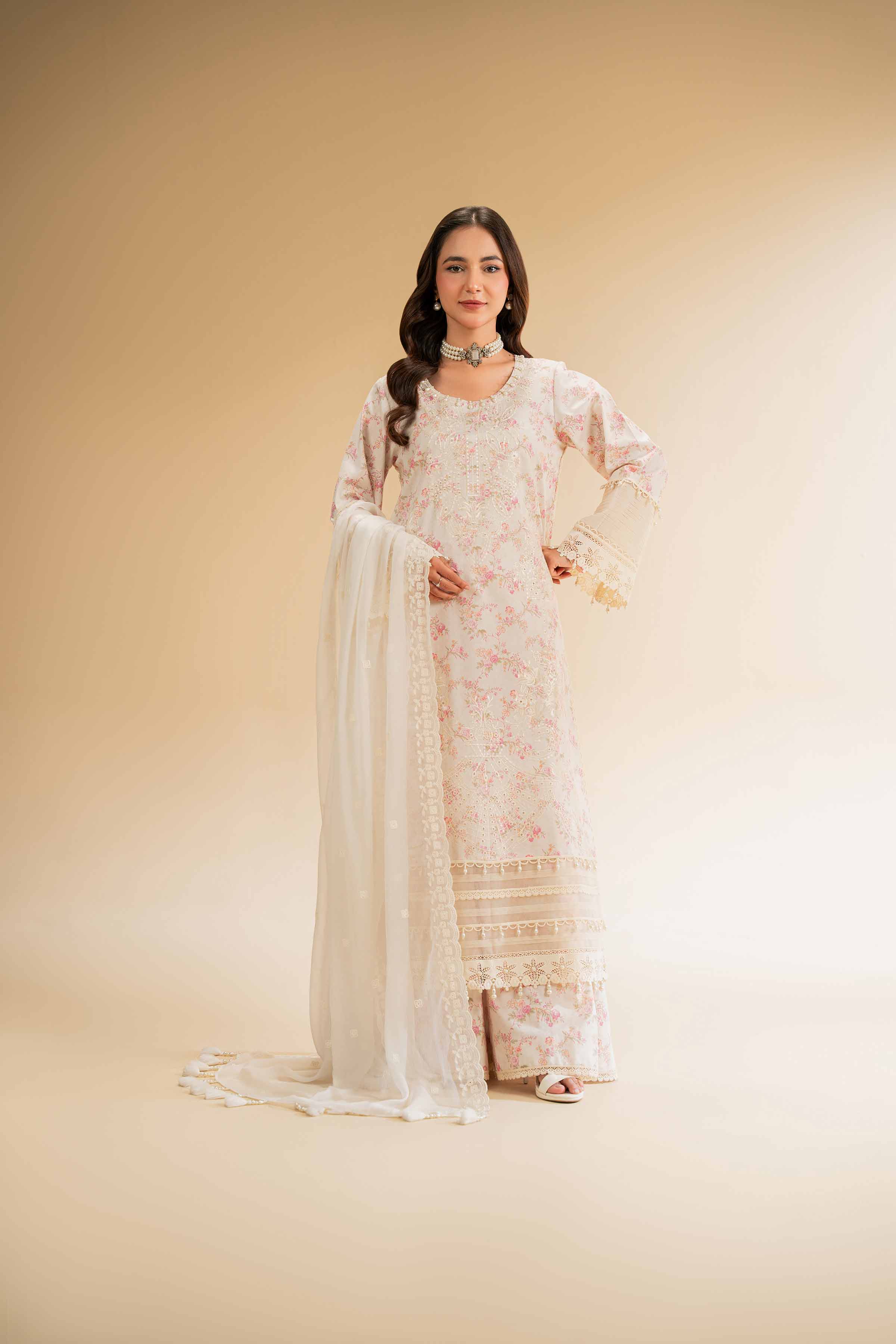 NishatUK - Beige Embroidered Cambric 3-piece unstitched Suit